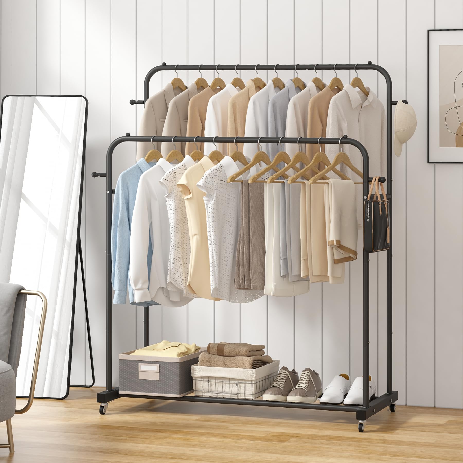Laiensia Double Rods Garment Rack with Wheels, Clothing Rack for Hanging Clothes,4 Hooks, Multi-functional Bedroom Clothes Rack, Black