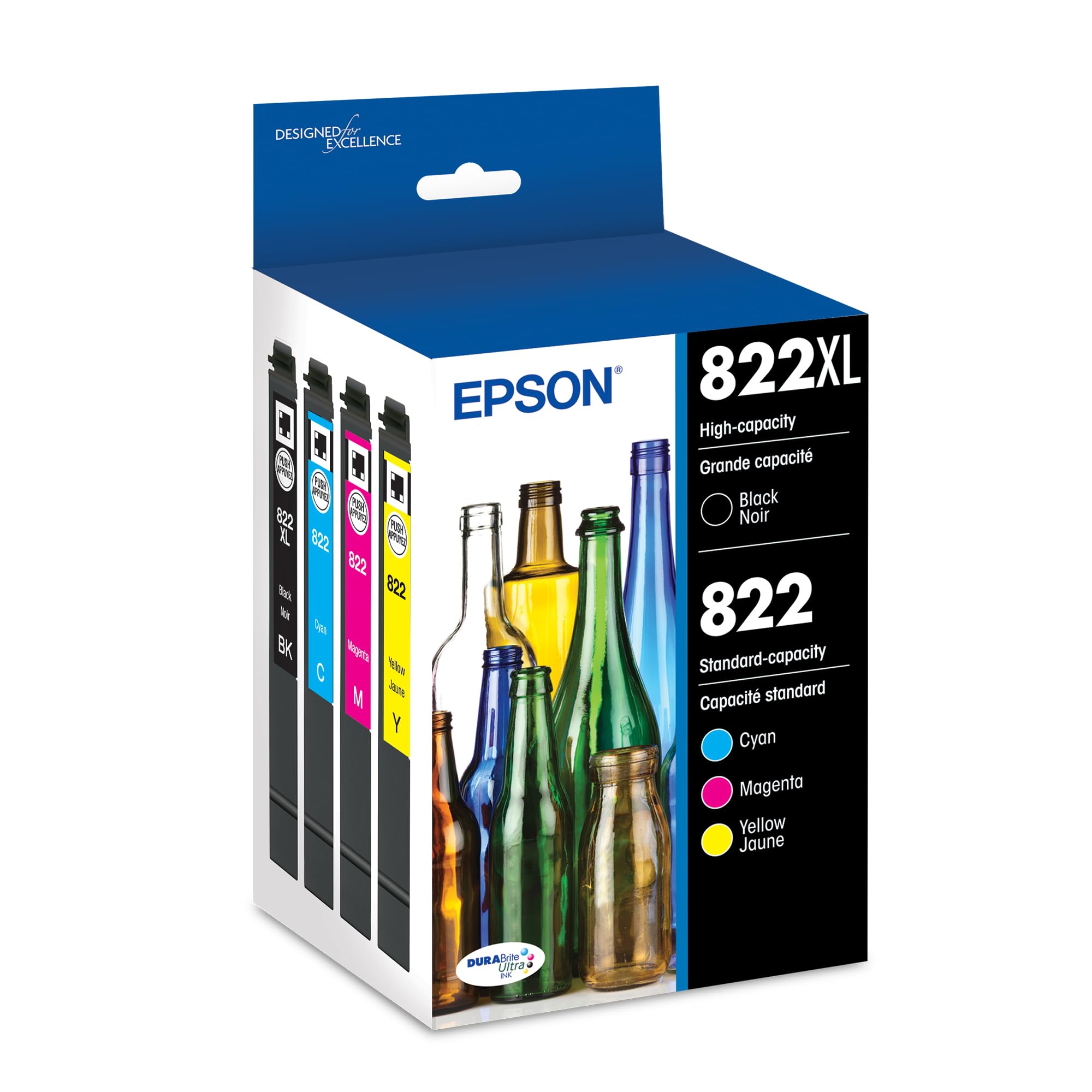 EPSON 822 DURABrite Ultra Ink Kombipack mit schwarzer Patrone (Hohe Kapazität) und Farbpatronen (Standardkapazität) (T822XL-BCS) Kompatibel mit WorkForce Pro WF-3820, WF-3823, WF-4820, WF-4830, WF-4833, WF-4834