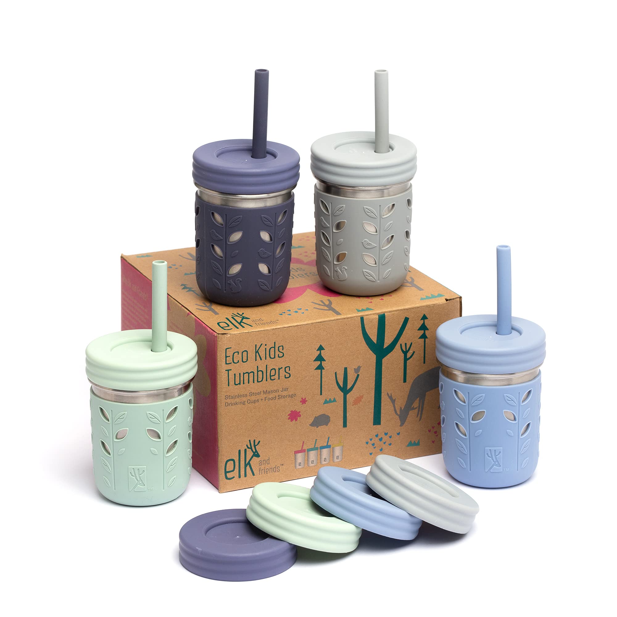 Elk and Friends 10oz Edelstahl Kinder- und Kleinkind-Trinkbecher | Die Original Mason Jars mit Deckeln + Hüllen + Strohhalmen | Smoothie-Becher | Auslaufsicher | Spülmaschinenfest | 4er-Pack