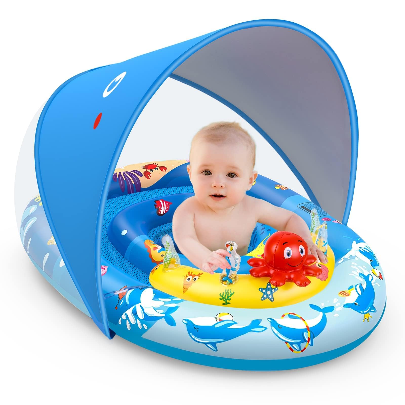 EZIGO Baby-Schwimmhilfe mit Verdeck UPF50+ Sonnenschutz, aufblasbare Kinder-Schwimmhilfe mit Meerestierspielzeug für Babys von 6-36 Monaten, Baby-Schwimmhilfe mit verstellbarem Sicherheitssitz für Jungen und Mädchen