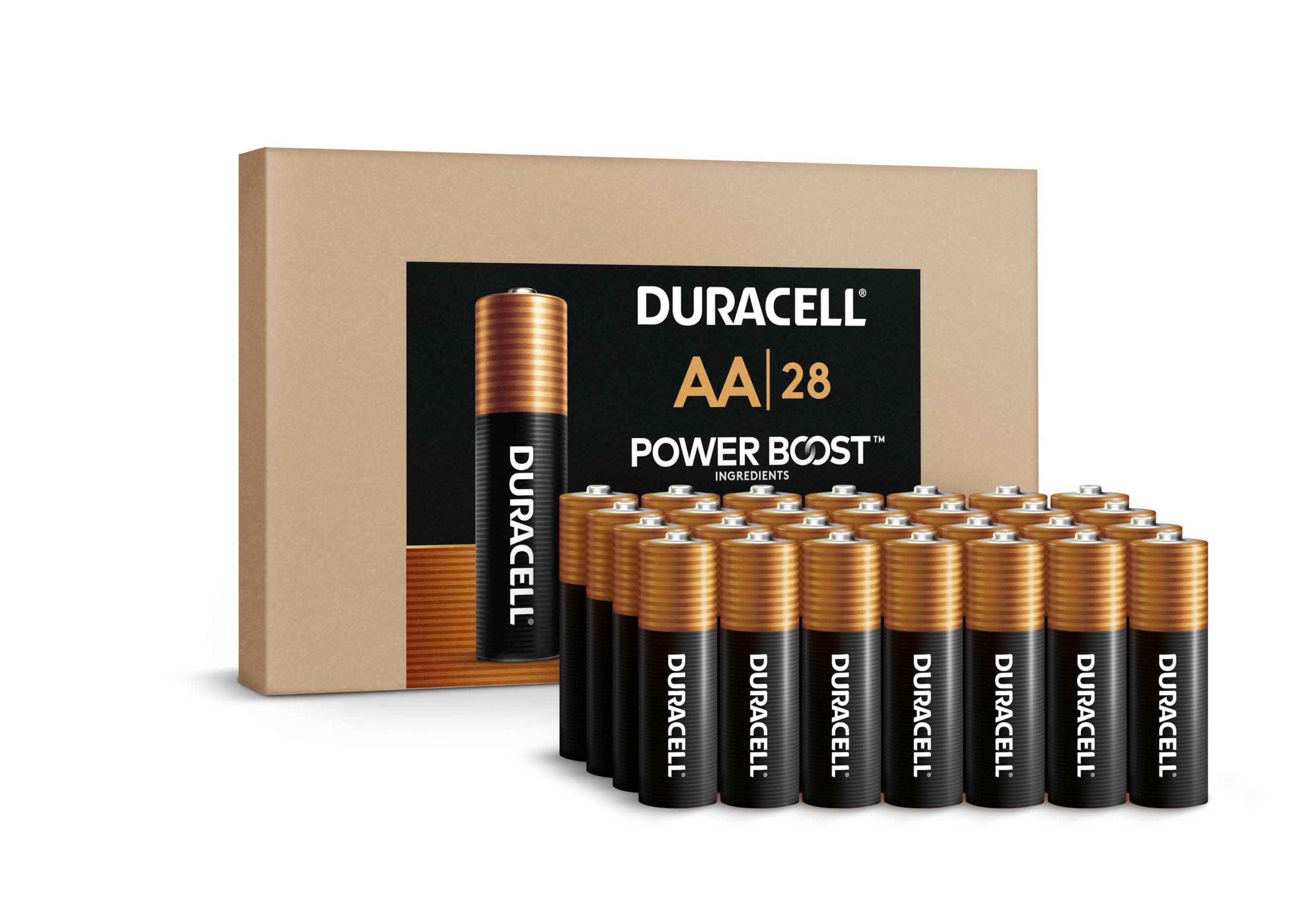 بطاريات دوراسيل كوبيرتوب قلوي AA مع مكونات POWER BOOST، عدد 28، قلوي يدوم طويلاً في عبوة قابلة لإعادة الإغلاق لسهولة الوصول والتخزين المنظم