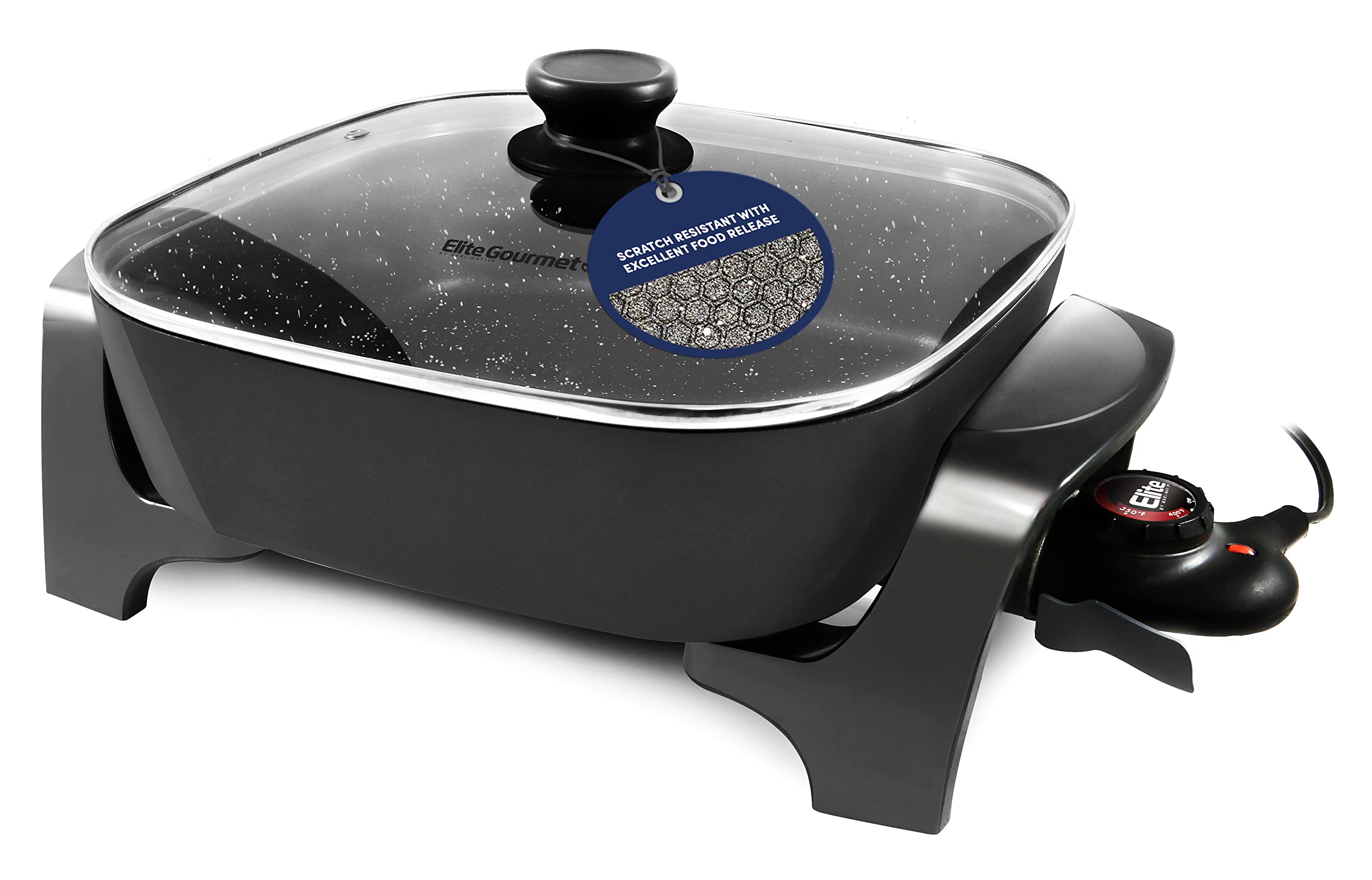 Elite Gourmet EG6201 Extratiefe 30x30x8cm (7,5L) Kratzfeste Spülmaschinenfeste Antihaft-Elektropfanne mit Glasdeckel mit Dampföffnung, einstellbarer Temperatur, Schwarz