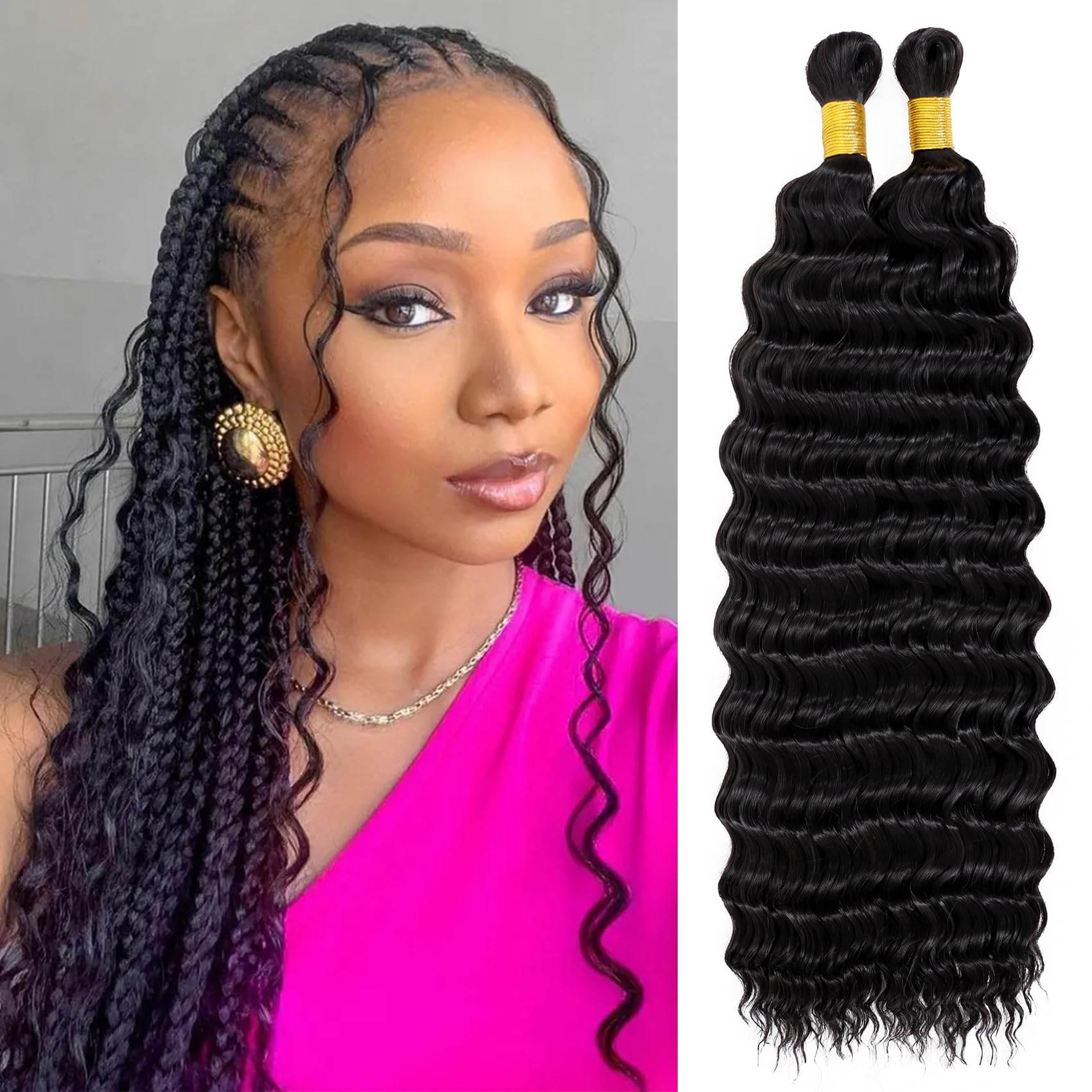 Eerya Lange lockige Flechthaare, 45 cm, 2 Packungen, Ocean Wave Häkelhaare für schwarze Frauen, Deep Wave Flechthaare für Boho Zöpfe (45 cm, 1B)
