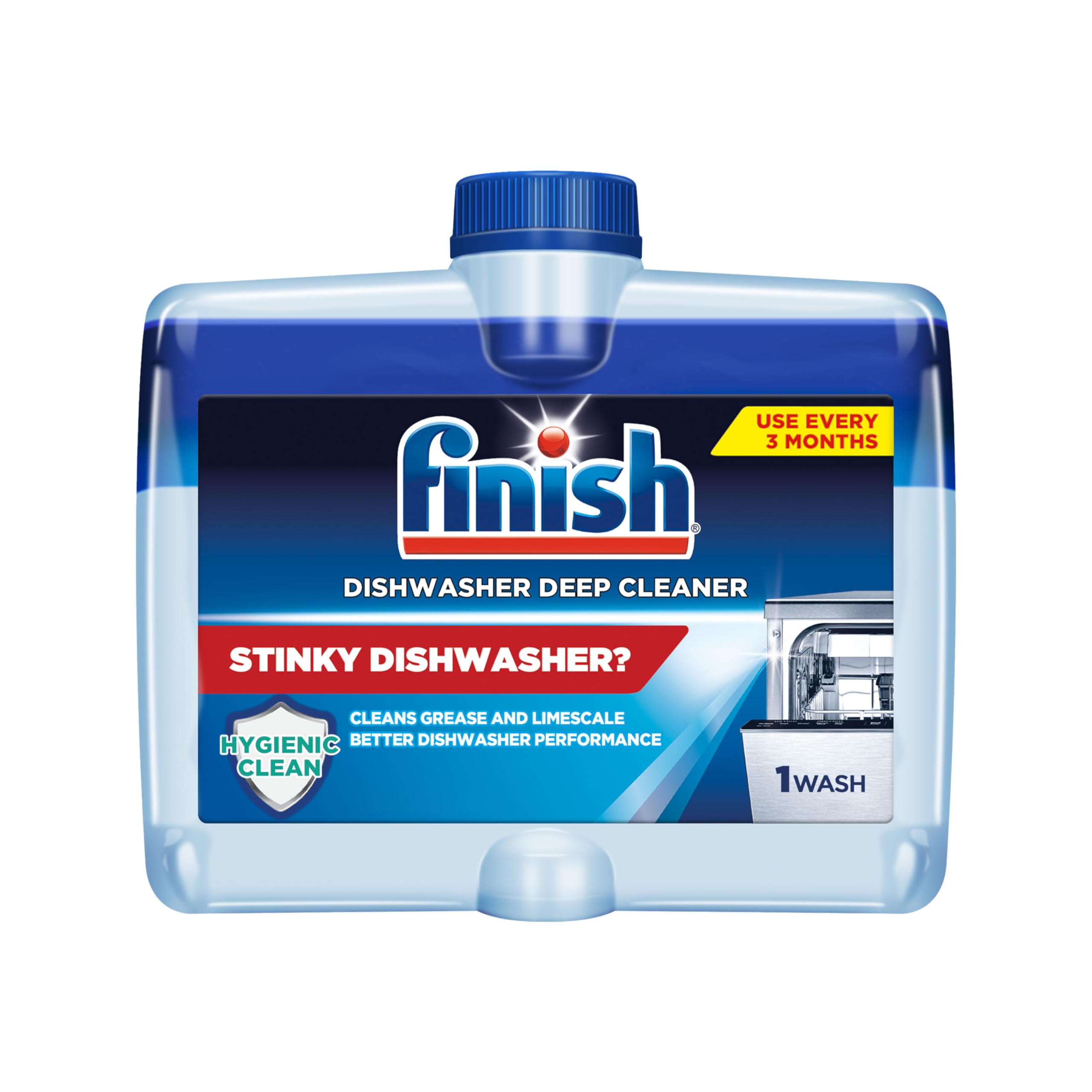 Finish Geschirrspülmaschinenreiniger flüssig, Tiefenreinigung gegen verstecktes Fett & Kalk, bekämpft Gerüche & erhält die Leistung, Vorrat für 3 Monate, 250ml, 1 Flasche