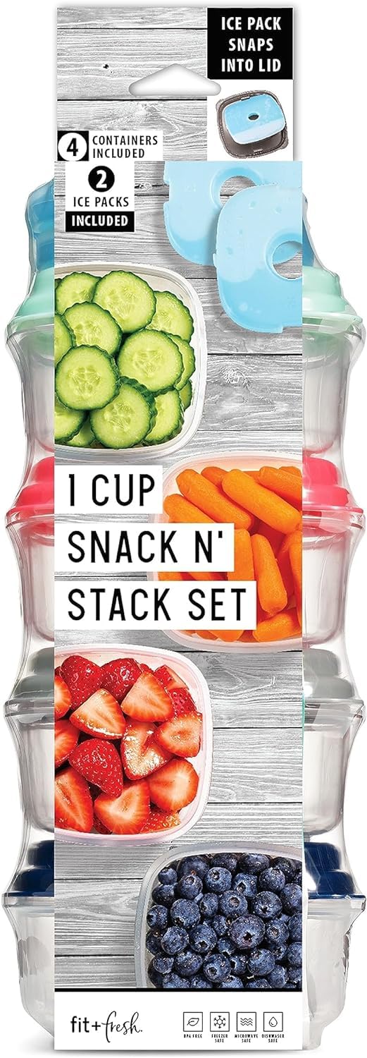 Fit & Fresh Kleine Plastikbehälter mit Deckel 236 ml, Kleine Snackbehälter mit Deckel, Wiederverwendbare auslaufsichere Dressing- und Gewürzbehälter mit zwei ansteckbaren Kühlpacks, 4er-Pack, Hell