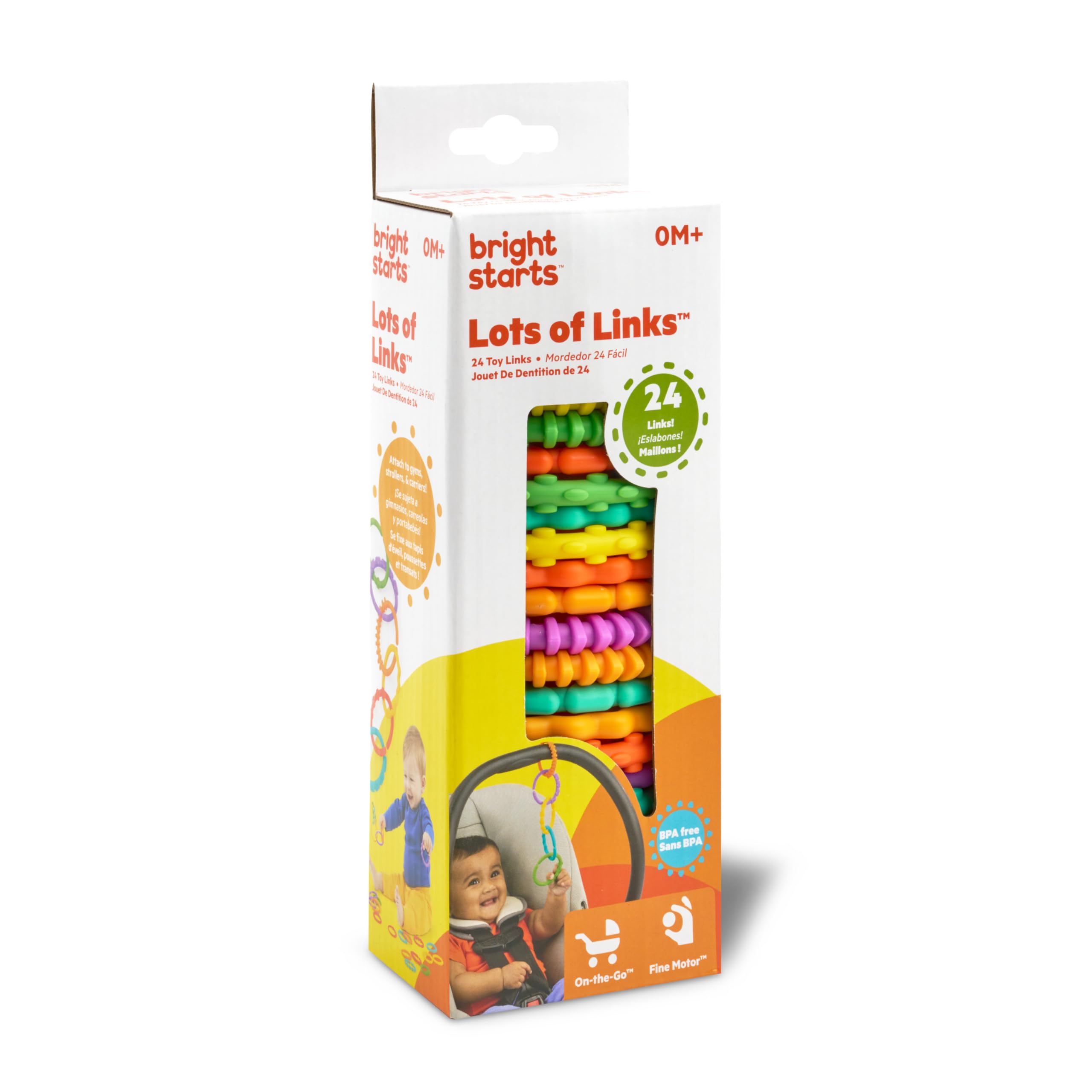 Bright Starts Lots of Links Rings Toys for Stroller or Carrier Seat, BPA-Free, Ages 0 Months Plus, Multicolor, 24 Count