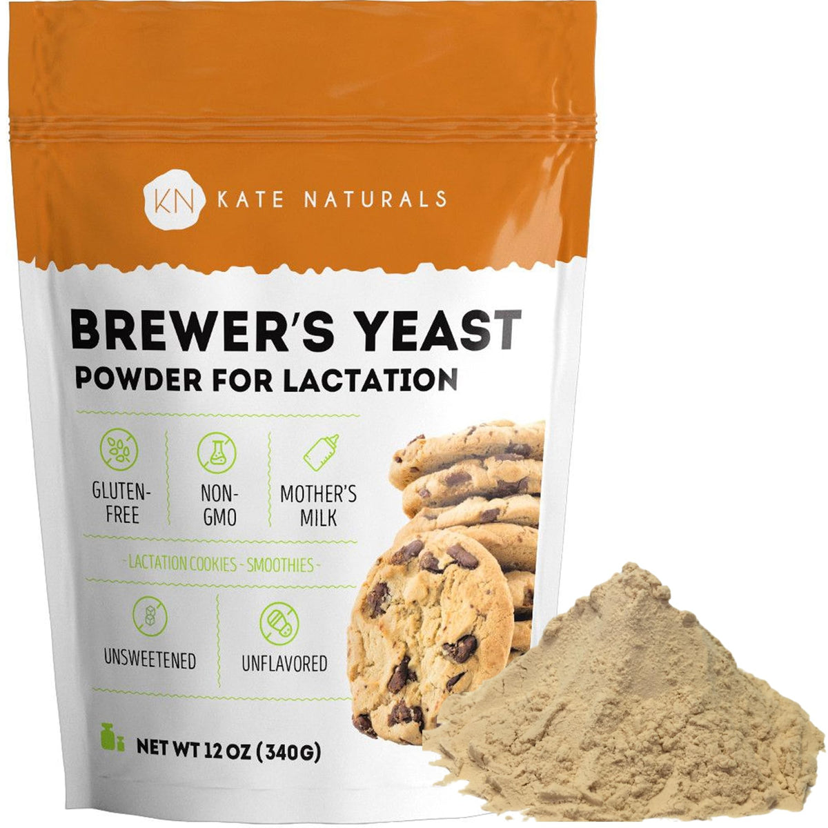 Kate Naturals Bierhefepulver zur Unterstützung der Laktation und für stillende Mütter. Entbitterte Bierhefe für Laktationskekse und Laktationspräparate (340g, Glutenfrei, GVO-frei)