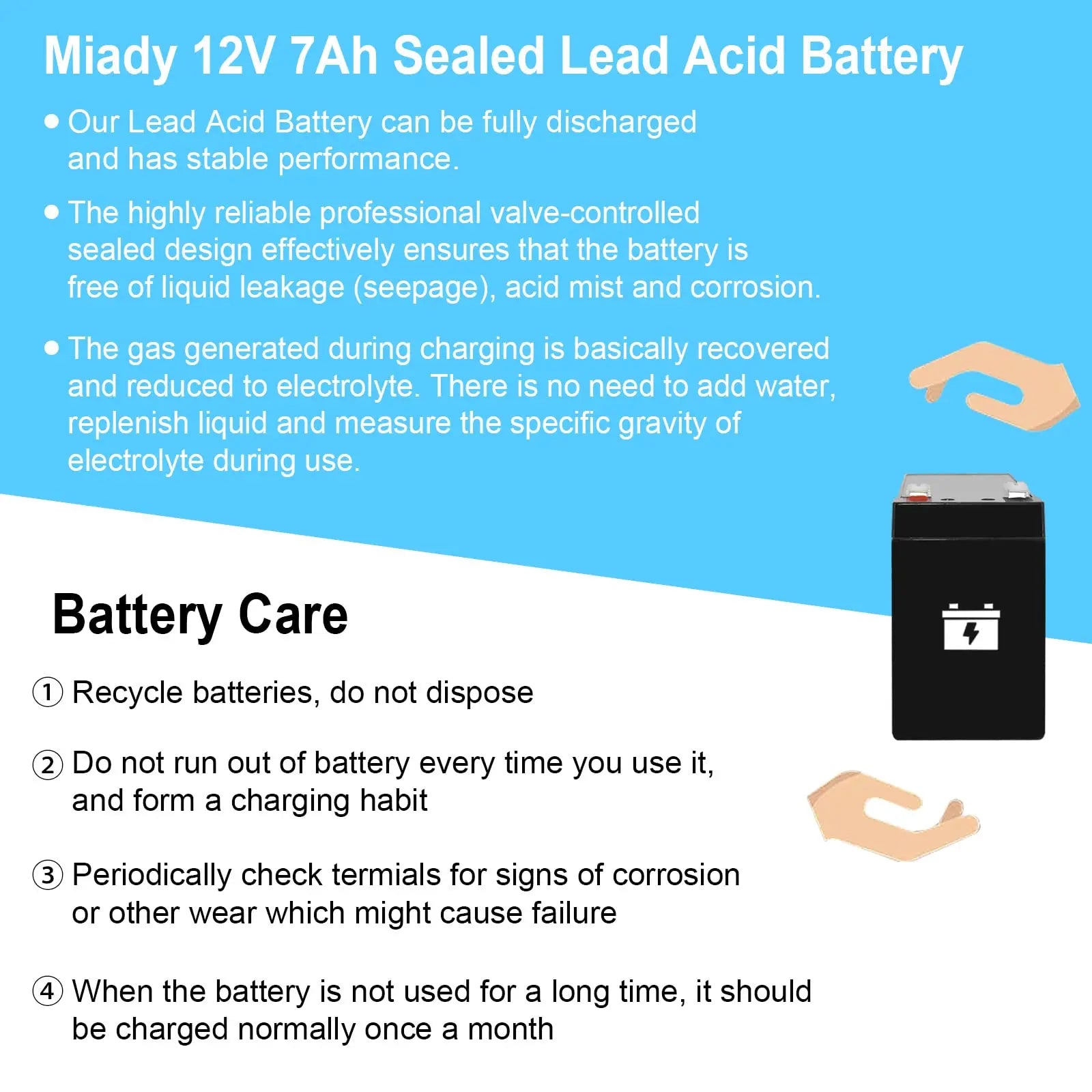 Miady 12V 7Ah Rechargeable Sealed Lead Acid Battery (2 Pack)