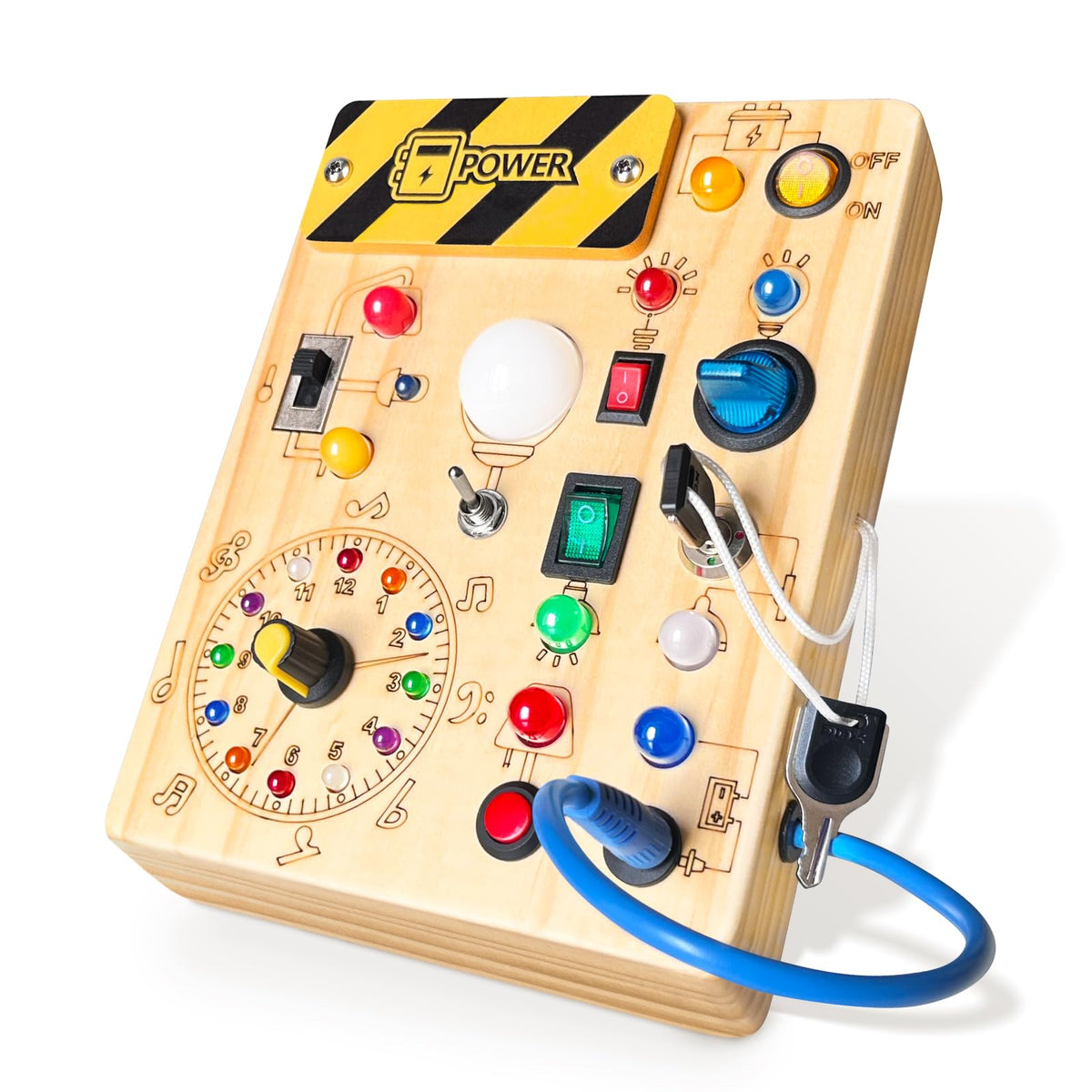 Iabedi Activity Board, Montessori-Spielzeug für 1-3 Jahre, sensorisches Reisespielzeug aus Holz für Kleinkinder, ideales Geschenk für Jungen ab 1 Jahr (Activity Board Plus V2), Mittel, Gelb