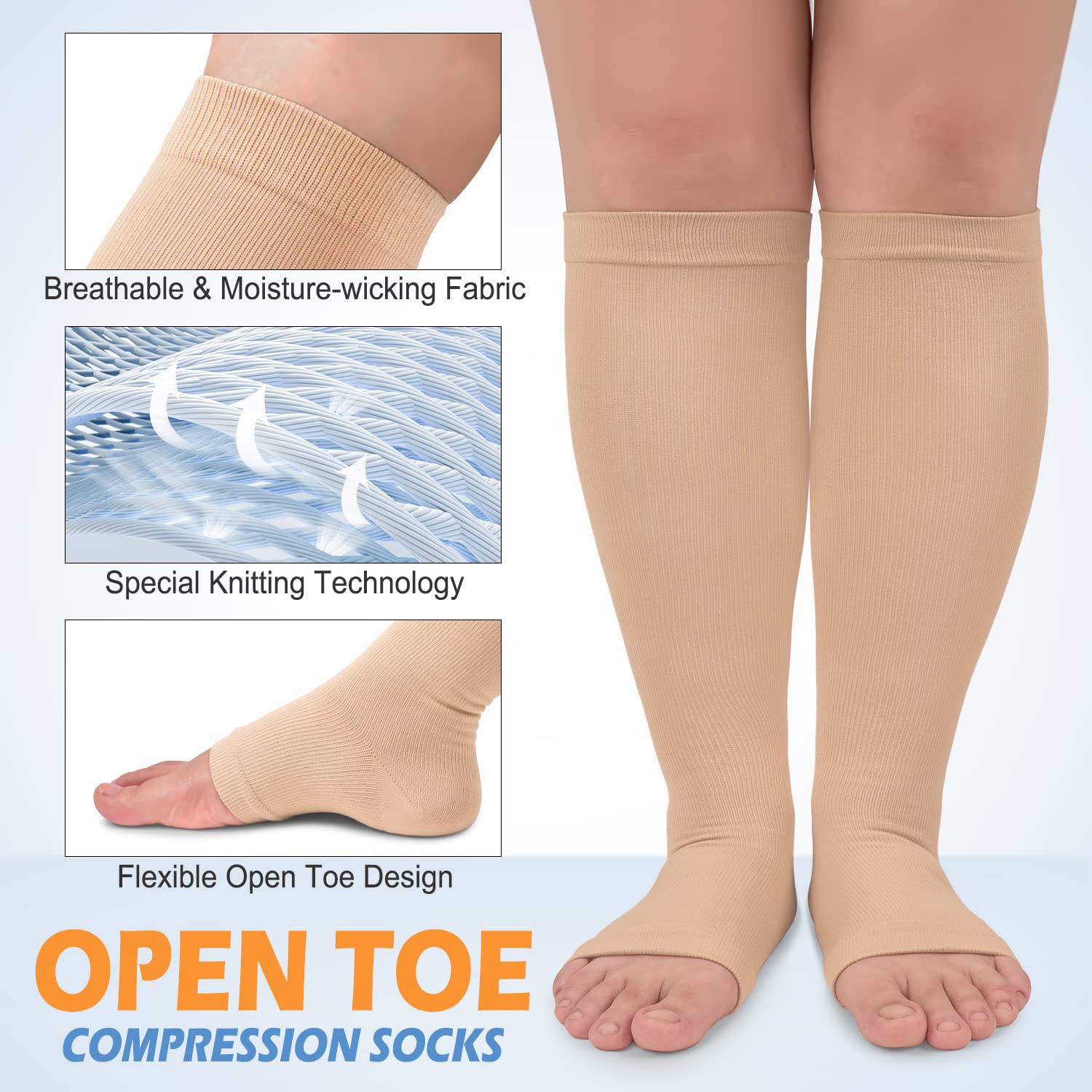 CTHH 3 Pack Open Toe Compression Socks for Women & Men, Toeless Knee High Stockings for Circulation Support, Nude Large-X-Large
