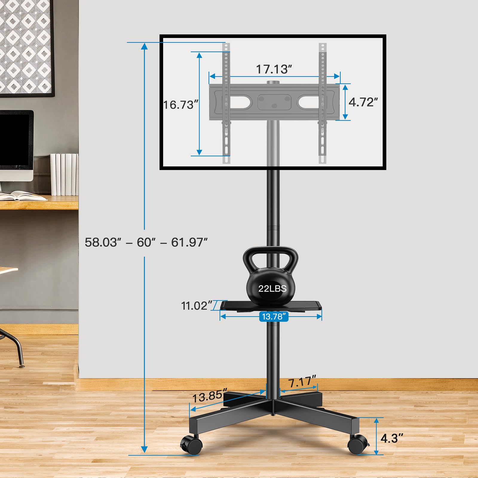 PERLESMITH Mobile TV Stand for 23-60 Inch LCD LED Flat/Curved Screen TVs, Tilt TV Cart Holds up to 88Lbs, Portable TV Stand with Laptop Shelf, Rolling TV Floor Stand Max VESA 400x400mm (PSTVMC06)