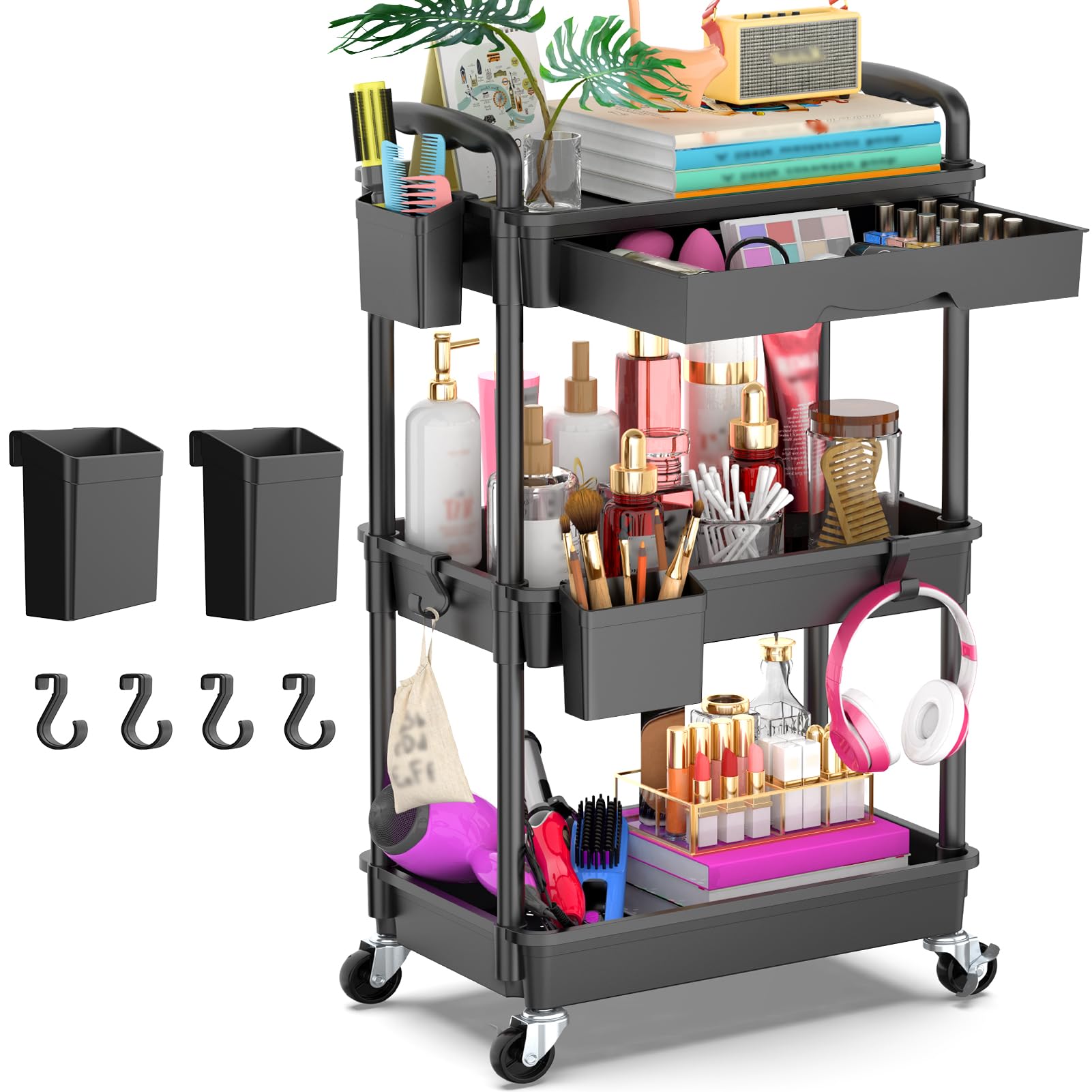 Goovilla Rollwagen mit 3 Etagen und herausnehmbarer Schublade, stabiler und robuster schwarzer Rollwagen mit 2 feststellbaren Rollen für Bad, Küche, Snacks, Bastelarbeiten, Make-up und Babyartikel