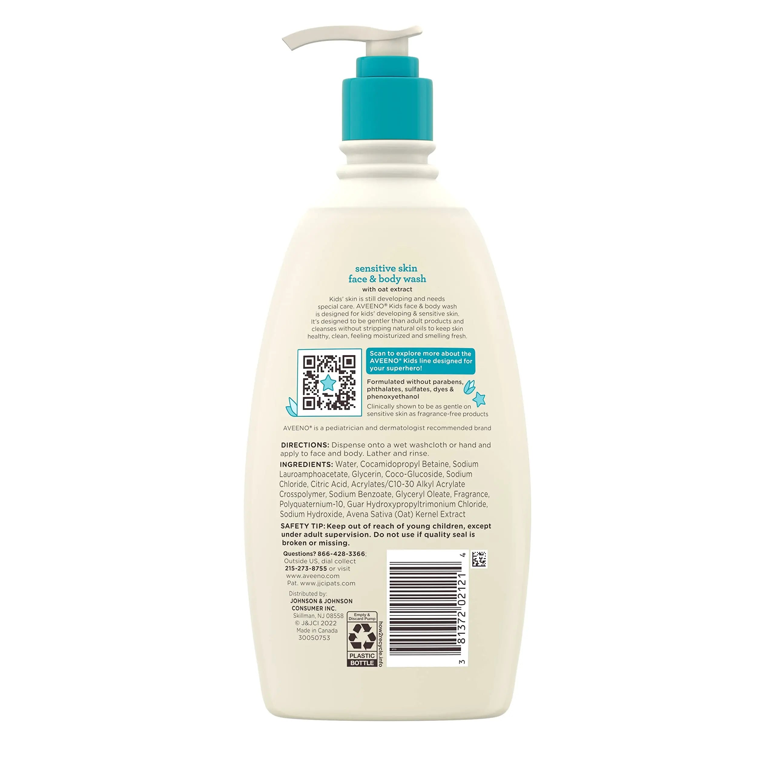 Aveeno Kids Sensitive Skin Face and Body Wash with Oat Extract, Gently Washes Away Dirt and Germs Without Drying, Tear-Free, Hypoallergenic Kids Body Wash, 18 fl. oz, 2 Pack