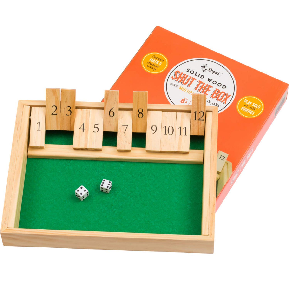 Regal Games Shut The Box – Lustiges Tisch-Mathespiel mit Holzbrett für Erwachsene & Kinder – Würfelspiel mit 12 Zahlen und 2+ Spielern – Ideal für Spieleabende, Reisen – (Ab 8 Jahren)