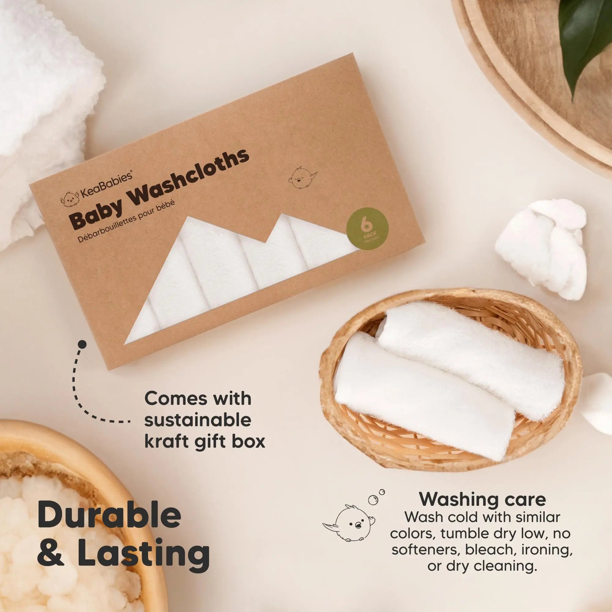 6-Pack Soft Baby Washcloths, Viscose from Bamboo - Kids, Newborn Bath Towels, Infant Shower, Toddler Reusable Face Towel, Gentle on Skin, Face Wash Cloths for Babies, 10x10 (White)