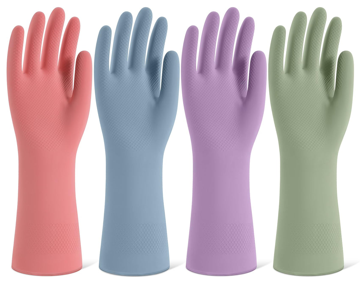 Gummi-Reinigungshandschuhe zum Geschirrspülen, 4 Paar wiederverwendbare Küchenhandschuhe zum Geschirrspülen und für die Haushaltsreinigung, bunte Spülhandschuhe mit beflocktem Futter und rutschfestem Griff, perfekt für Frauen und Männer – M