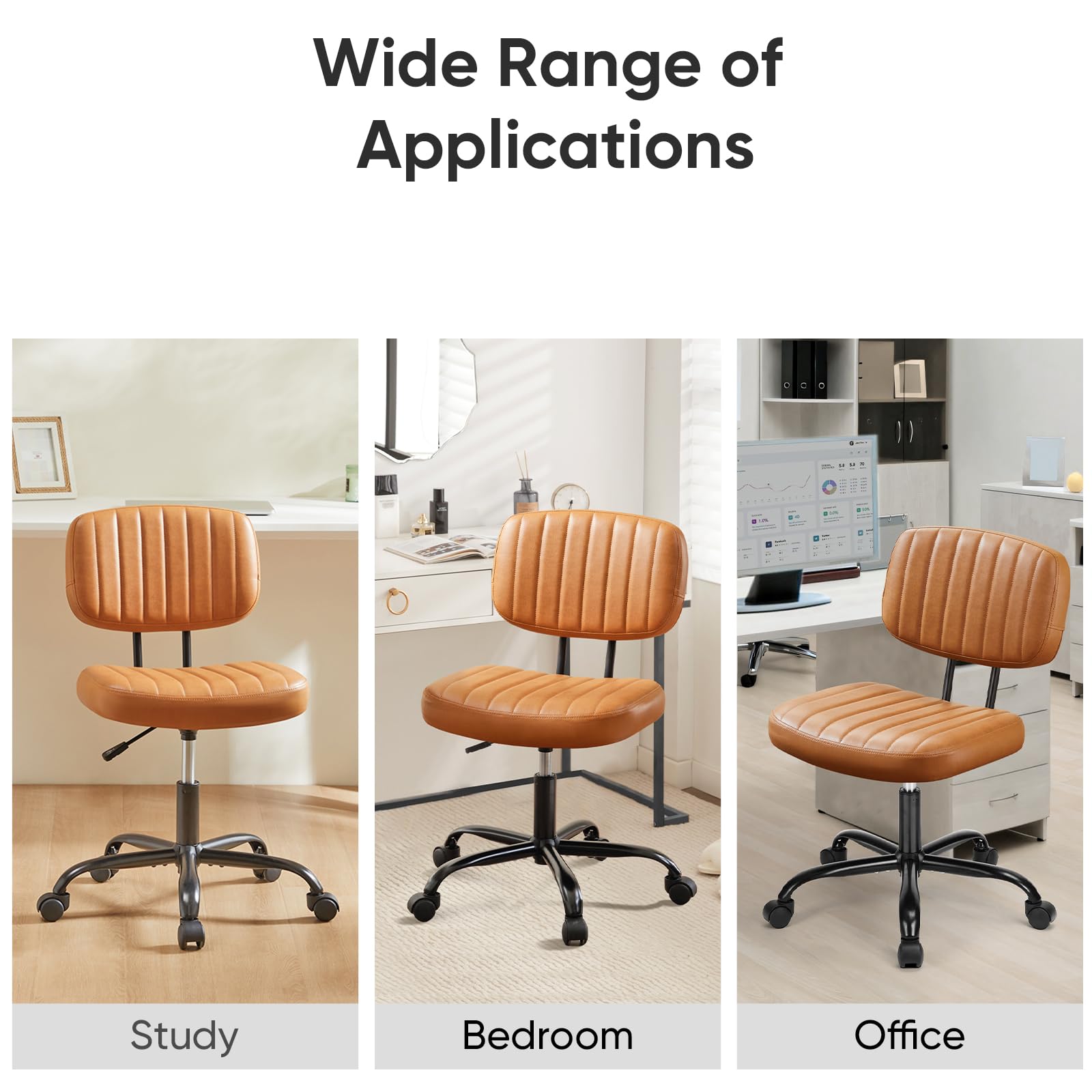 DUMOS Armless Home Office Desk Chair -Small Ergonomic with Low Back Lumbar Support, Height Adjustable PU Leather Computer Task with 360° Swivel Rolling Wheels, for Small Space, Brown