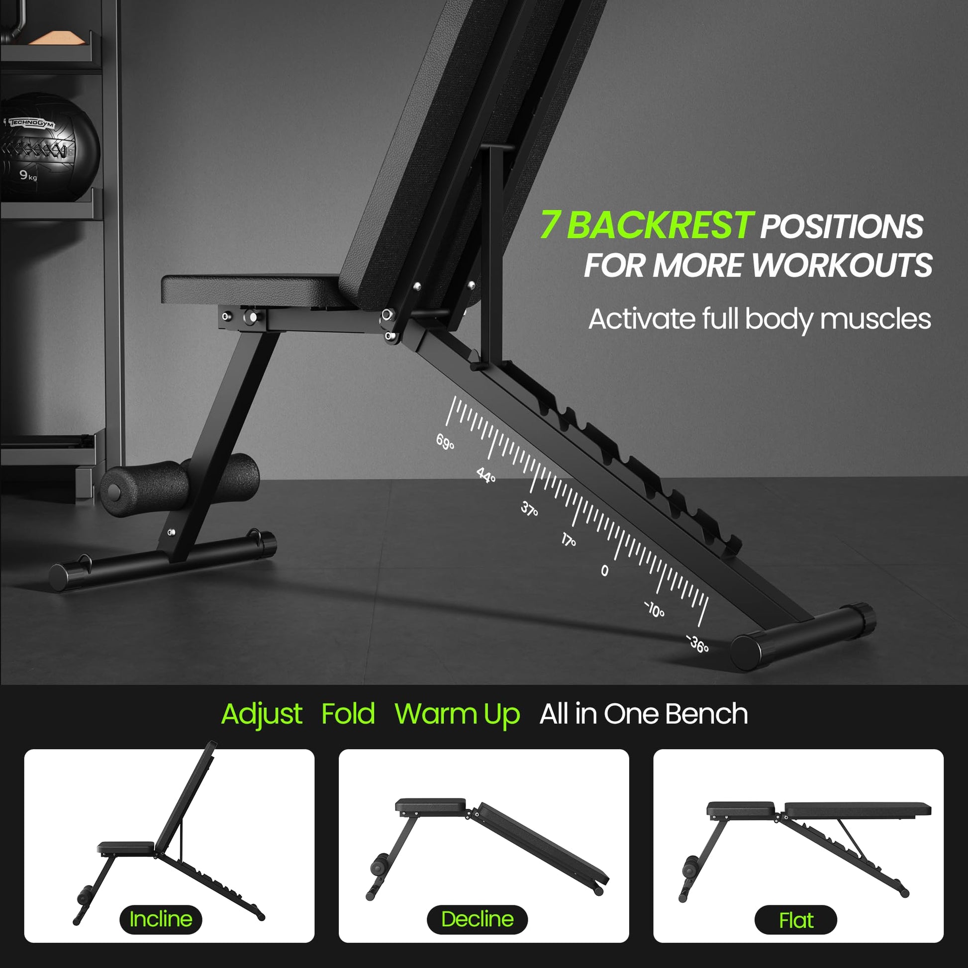 Adjustable Weight Bench for Home Gym, Foldable Workout Bench for Full Body Fitness Dumbbell Exercise, 600LBS Incline Decline Flat Bench with Resistance Bands for Strength Training