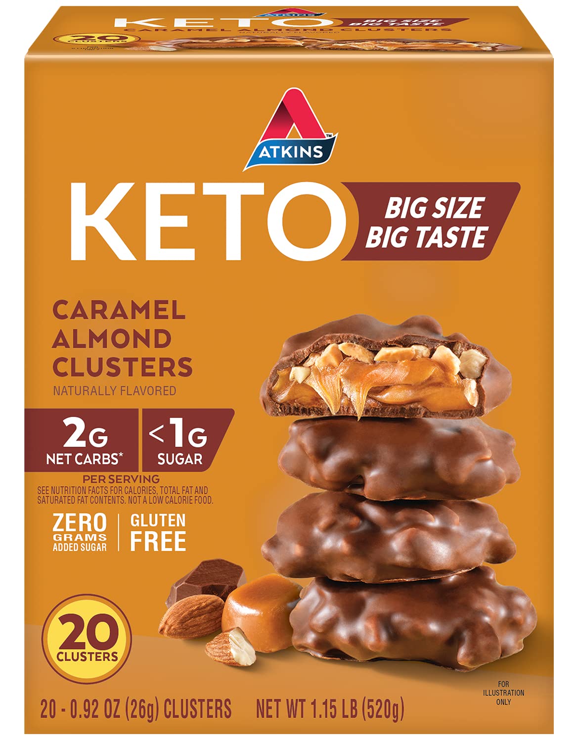 Atkins Karamell-Mandel-Cluster, glutenfrei, ballaststoffreich, 1 g Zucker, 2 g Netto-Kohlenhydrate, Keto-freundlich, 20 Stück