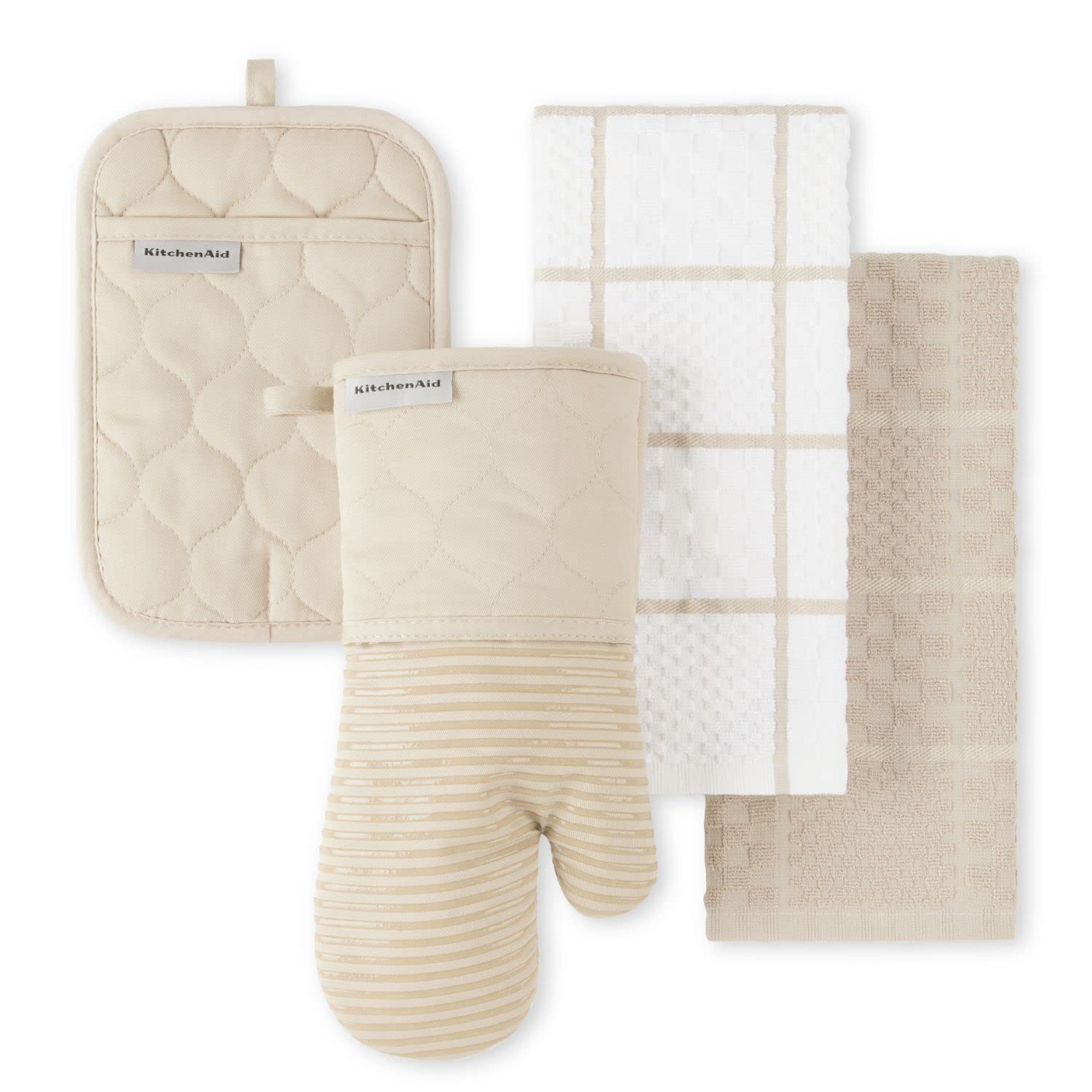 KITCHENAID Quilted Cotton Terry Cloth Oven Mitt, Pot Holder, Kitchen Towel 4-Pack Set, Heat Resistant, Silicone Grip, 16"x26", 7"x13" & 7"x10", Milkshake