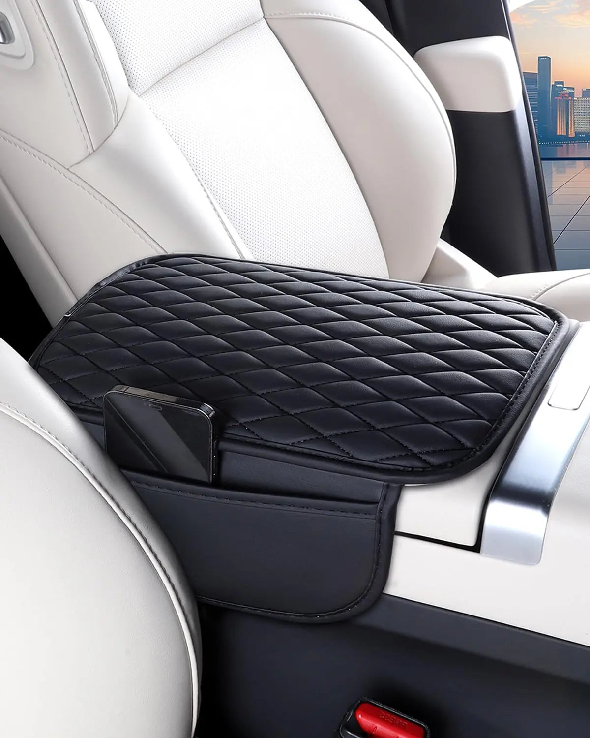 ESKONKE [Upgraded] Car Center Console Cover with 2 Storage Bags - Premium Nappa Leather Armrest Cover, Scratch & Wear Resistant, Waterproof Car Interior Accessories (Classic - Black)