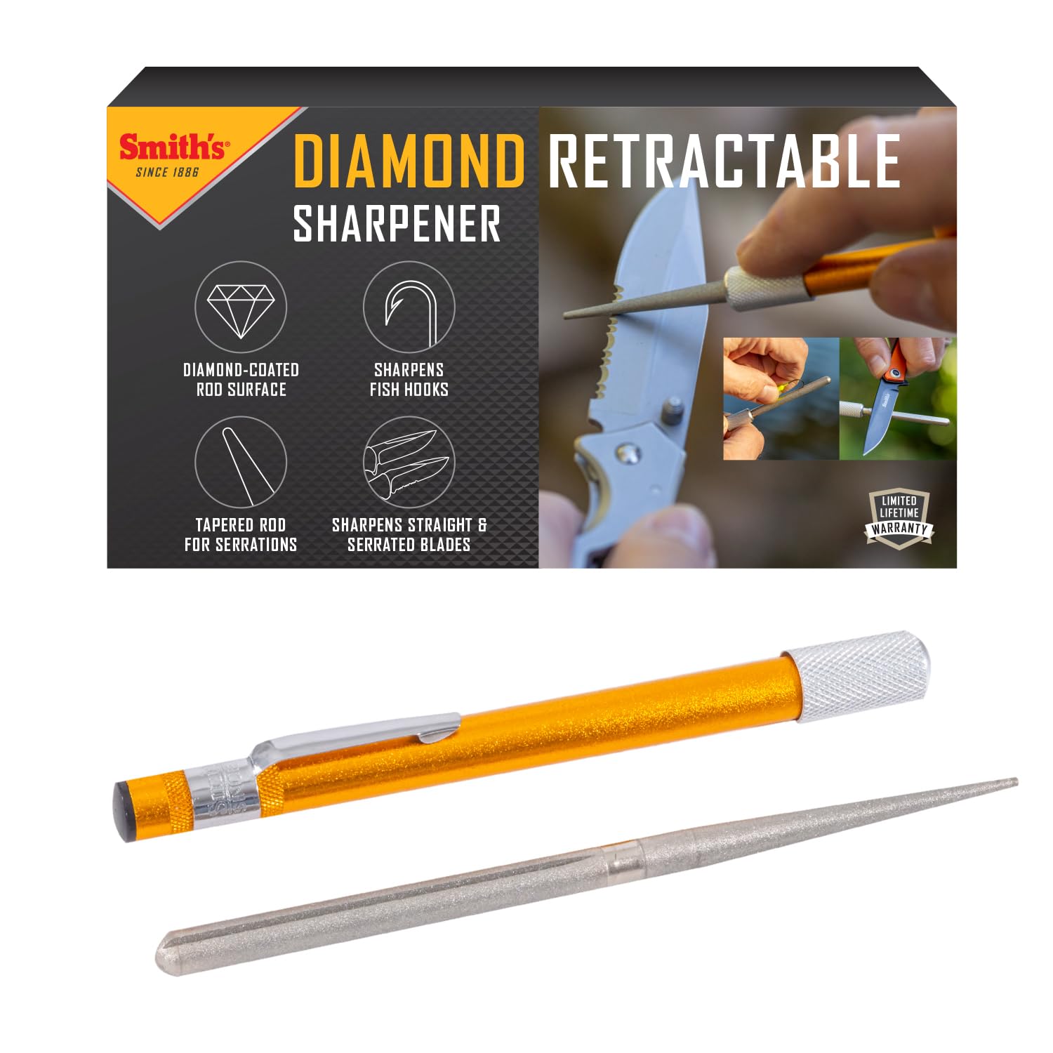 Smith’s 51446 Diamond Retractable Sharpener – Gold – Reversible Rod – Compact – Knife & Hook Sharpener – Straight & Serrated