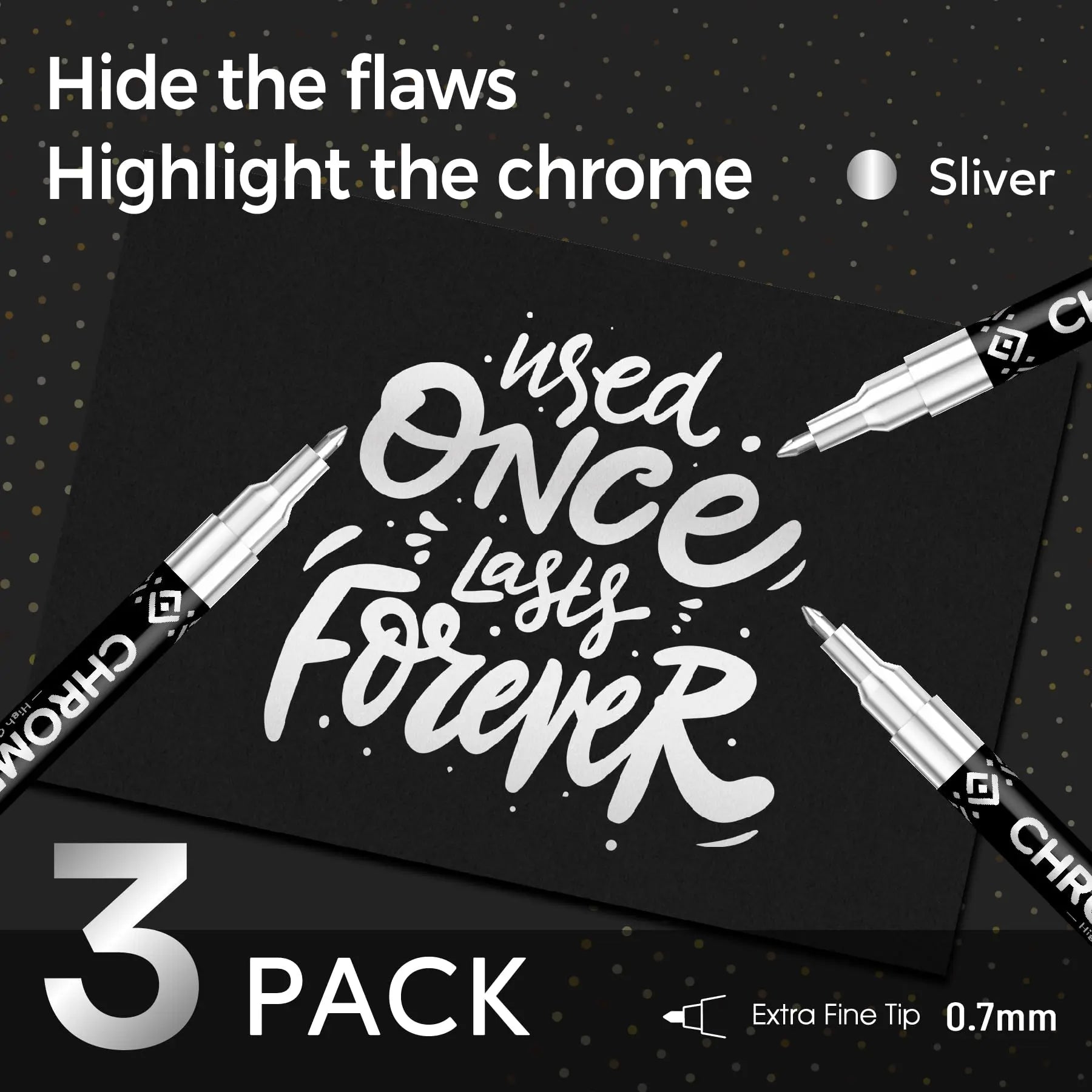 3Pcs Chrome Paint Markers, Silver Permanent Mirror Liquid Chrome Pens for Plastic, Metal, Model, Jewelry, Wheel Painting, Touch Up & Repair Kit, DIY Art Projects