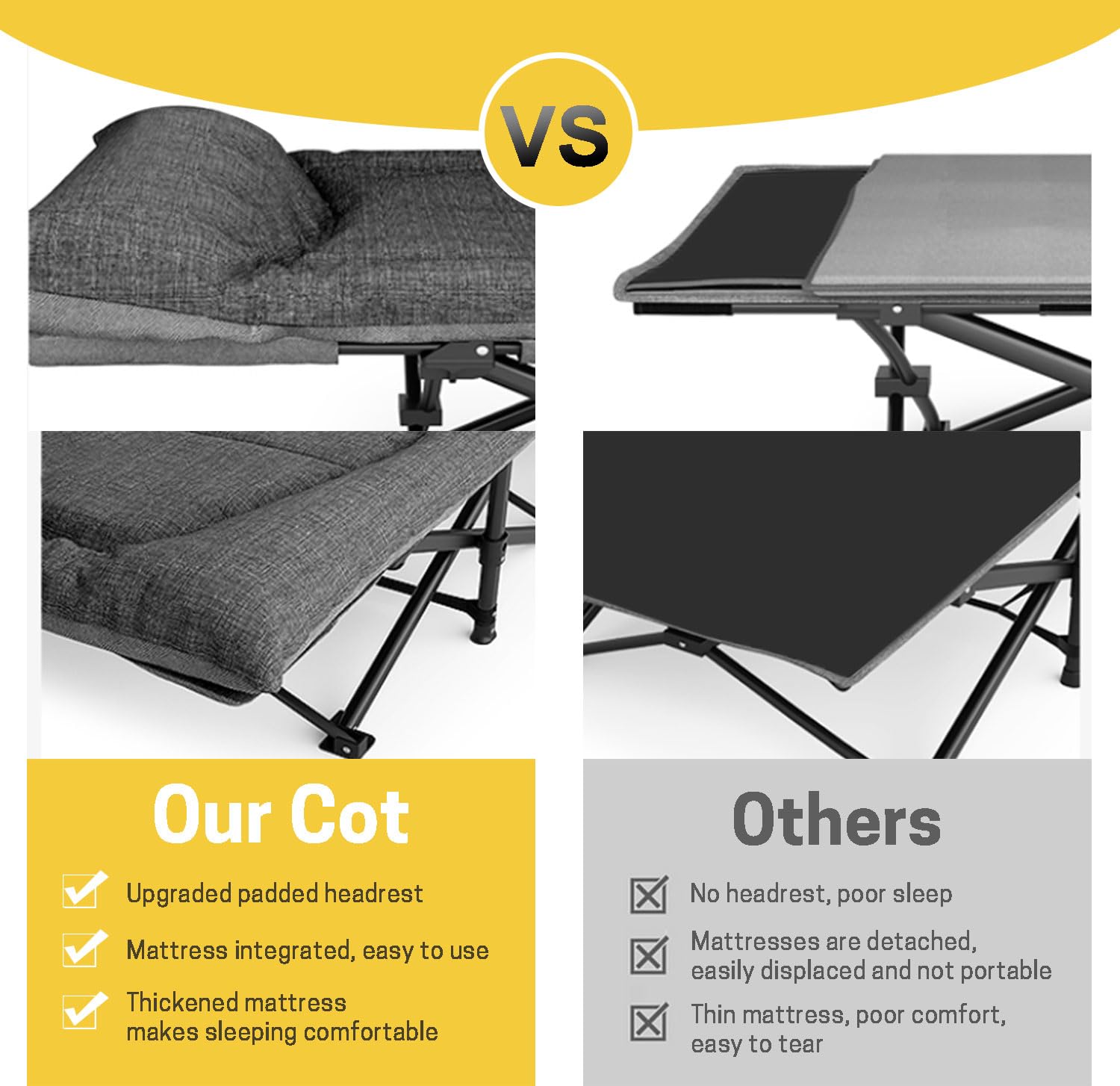 ATORPOK Camping Cot for Adults with Cushion and Pillow, Portable Folding Bed for Sleeping, Lightweight Tent cot with Carry Bag Supports 450 lbs (Grey)