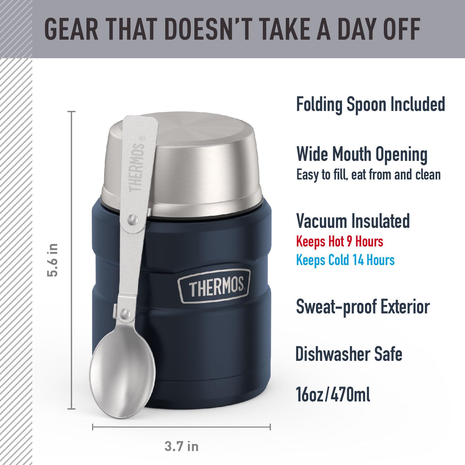 THERMOS Stainless King Vacuum-Insulated Food Jar with Spoon, 16 Ounce, Midnight Blue