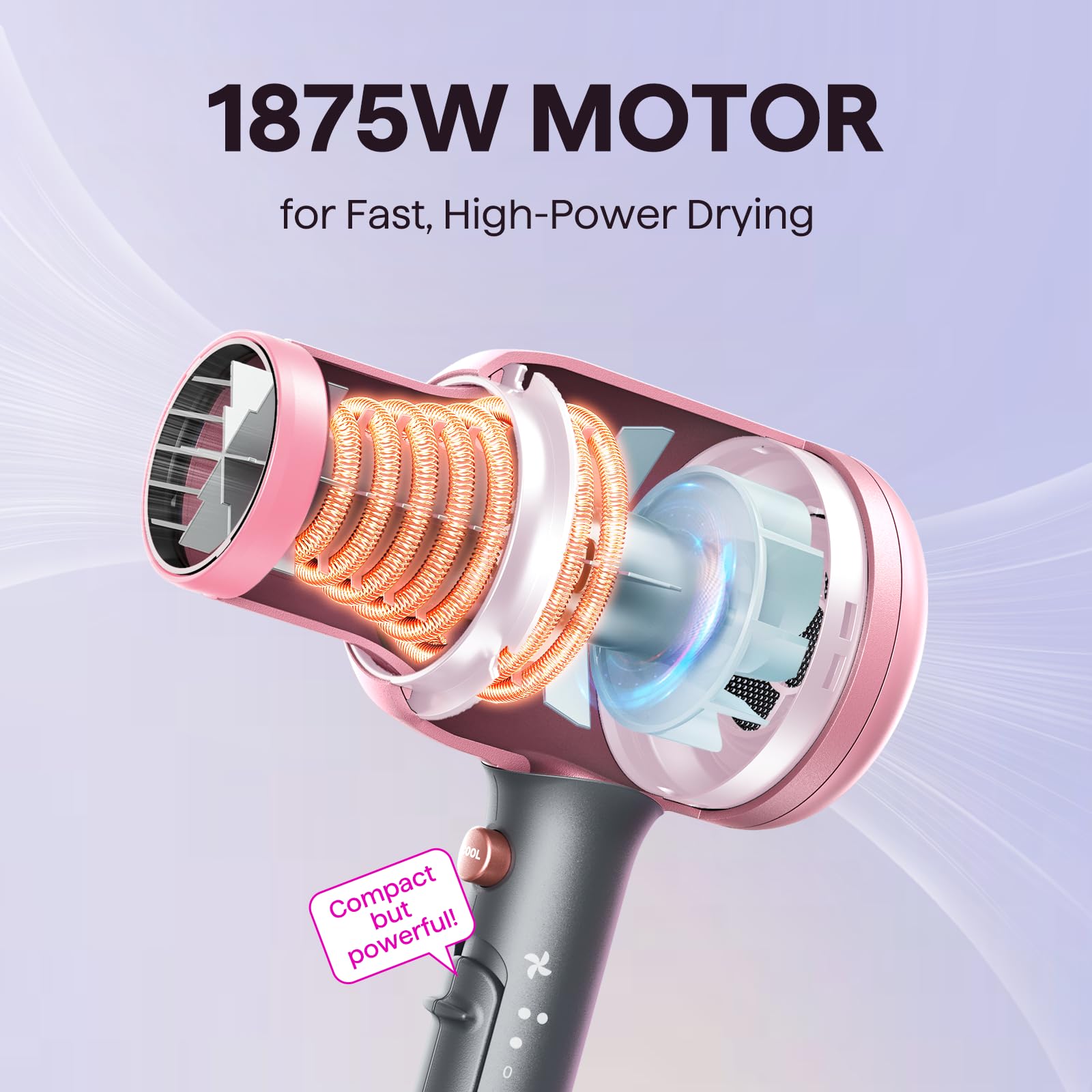 Wavytalk Hair Dryer, Blown Away Ionic Hair Dryer for Curly Hair with Diffuser, 1875W Fast Drying Blow Dryer with Ceramic Technology, 3 Attachments for All Hair Types, Light and Quiet, Rose Gold