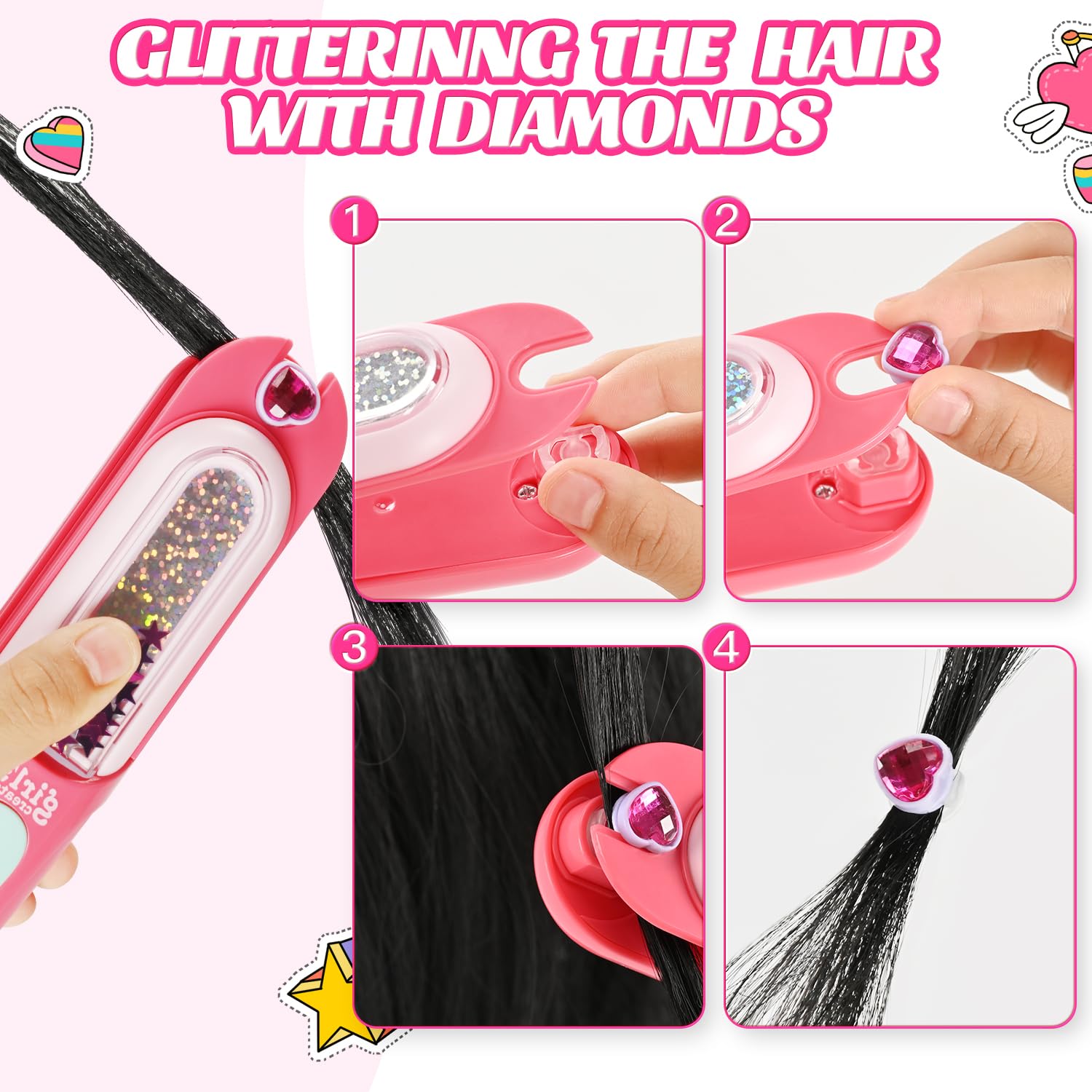 kidzkube Hair Gem Stamper Kit, Bling Hair Jewels for Girls Toys, Hair Styling Tool with Reusable Shining Diamonds, Birthday Gifts Toys for Girls Ages 3 4 5 6 8-12
