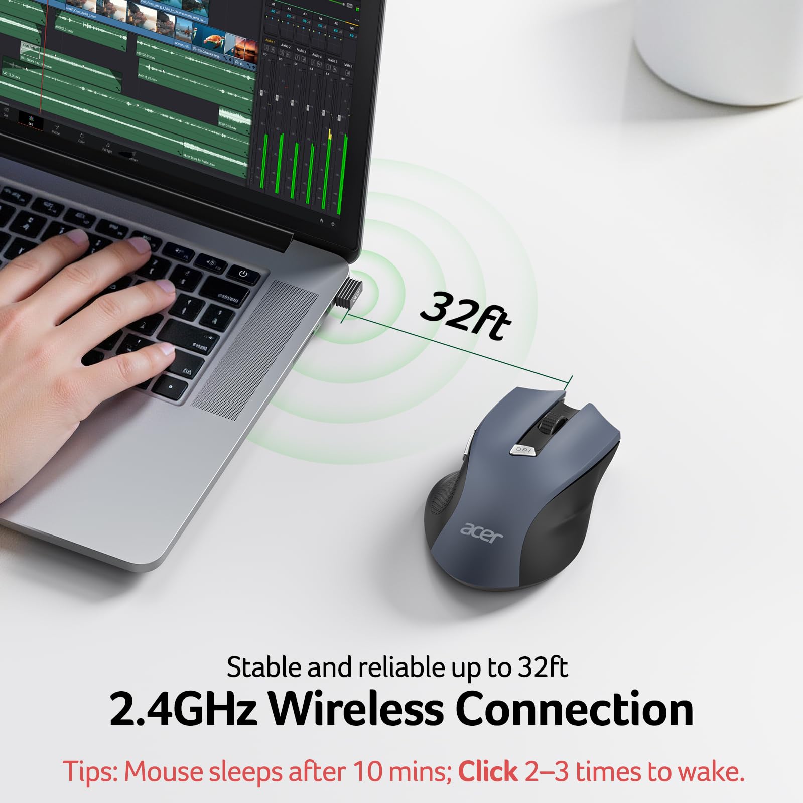 acer Wireless Mouse for Laptop, 2.4GHz Computer Mouse 3 Adjustable DPI Office Cordless USB Mice with USBA Receiver, 6 Buttons, 1600 DPI, Medium to Large Sized Hands Compatible with PC, Laptop, Desktop