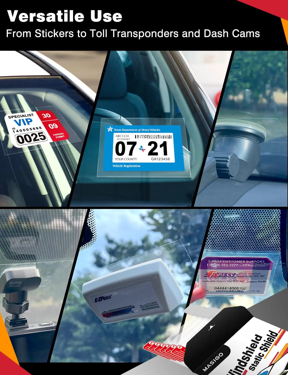 MASIGO Windshield Sticker Applicator – 6 Pack, 4 x 6 Inch Heat-Resistant PET Film with Static Cling for Easy Car Decal Application, Removal, and Re-Application