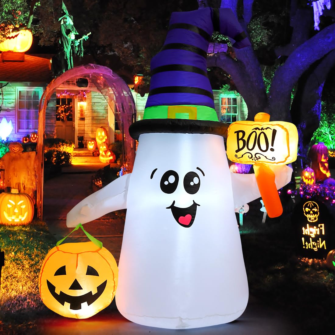 GOOSH 5 FT Halloween aufblasbarer Geist Outdoor-Deko aufblasbarer Hof süßer Zauberergeist mit Kürbis mit eingebauten LEDs für Garten, Rasen, Innenräume, Party, Feiertagsdeko