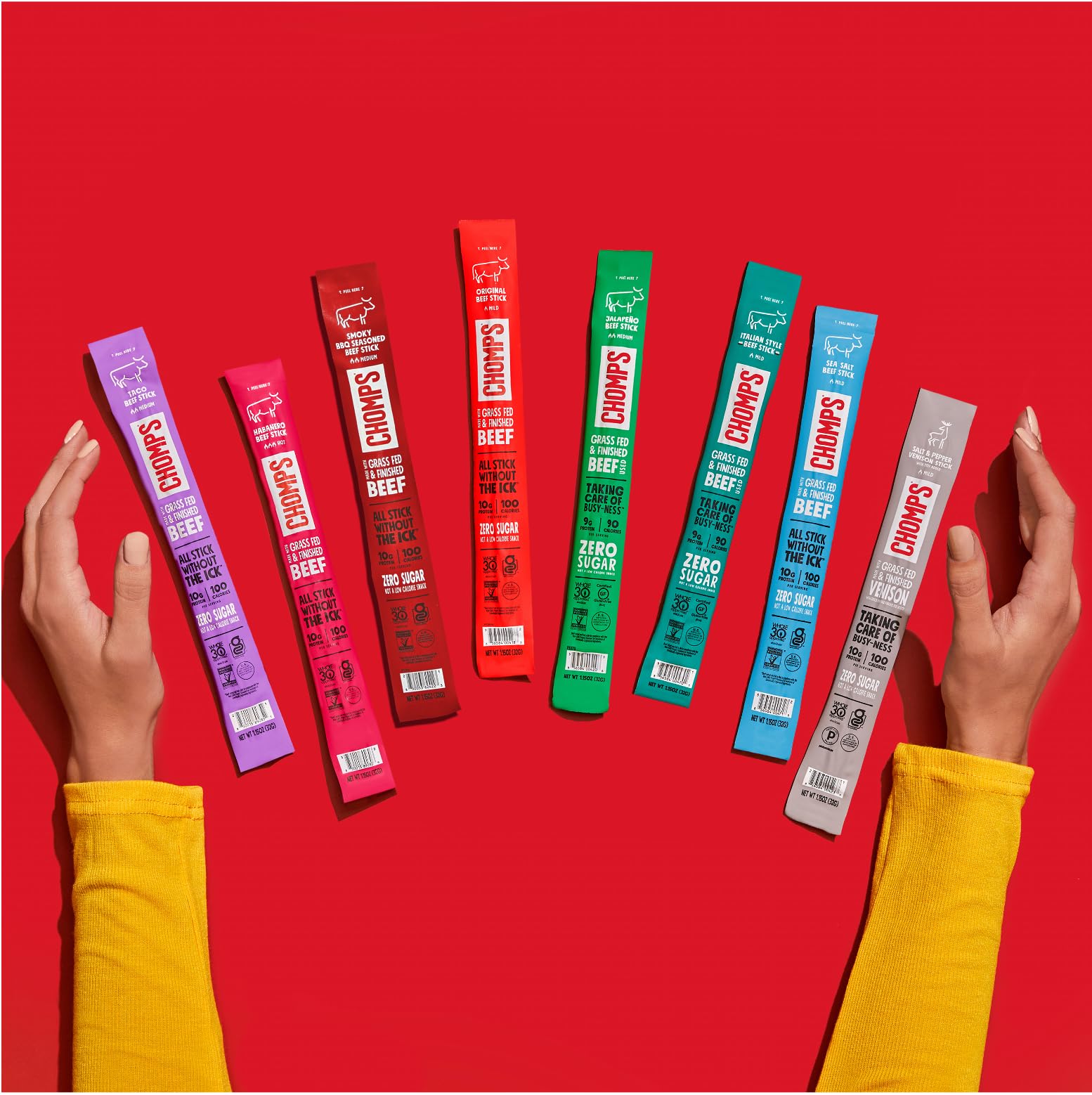 Chomps Grass-Fed and Finished Original Beef Jerky Snack Sticks 10-Pack - Keto, Paleo, Whole30, 10g Lean Meat Protein, Gluten-Free, Zero Sugar Food, Non-GMO
