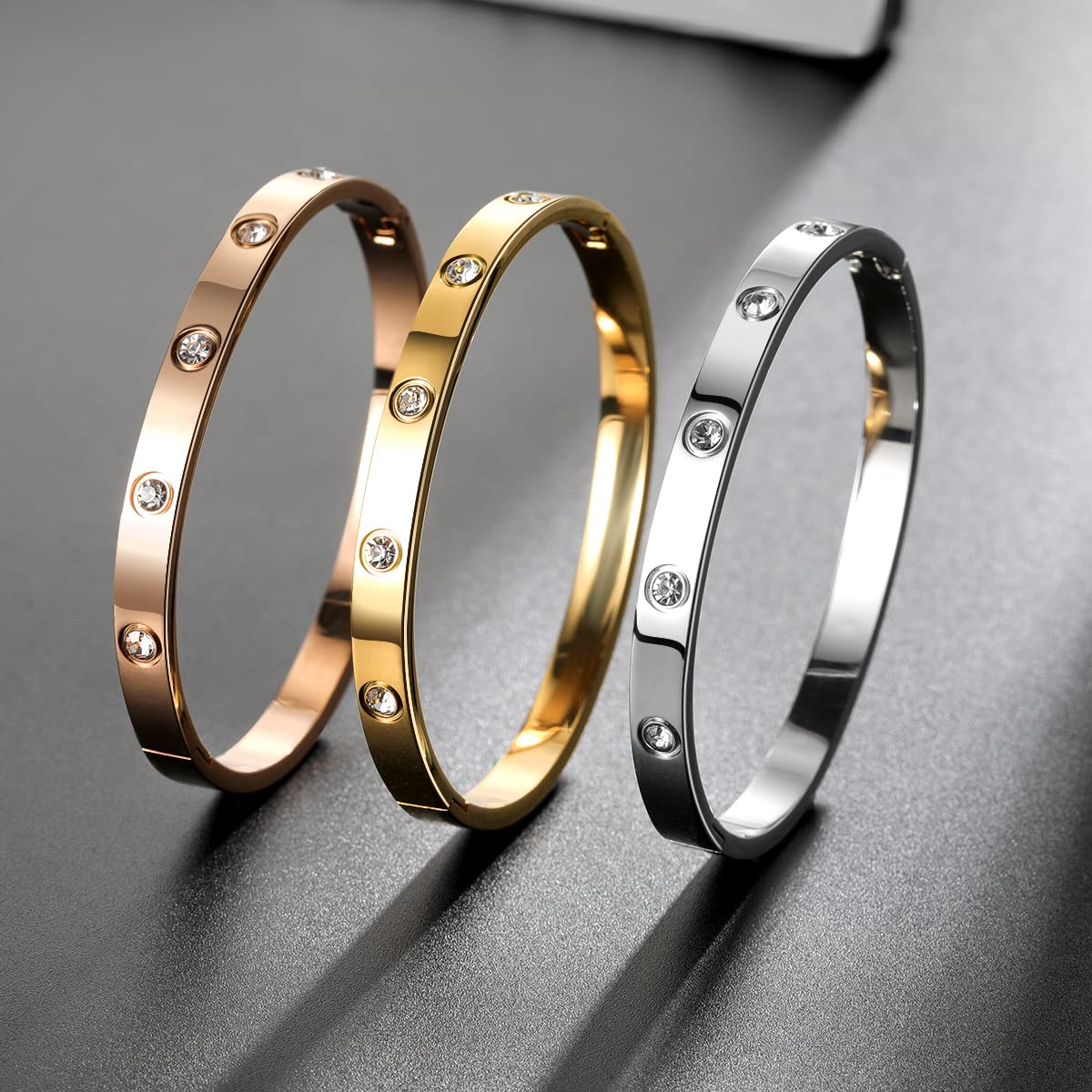 RIMRIVA Gold Bangle Bracelets for Women Trendy Love Stack Friendship Jewelry Stainless Steel Cubic Zirconia Stones Crystal Bracelet Anniversary Birthday Christmas Stocking Stuffers Adults Women