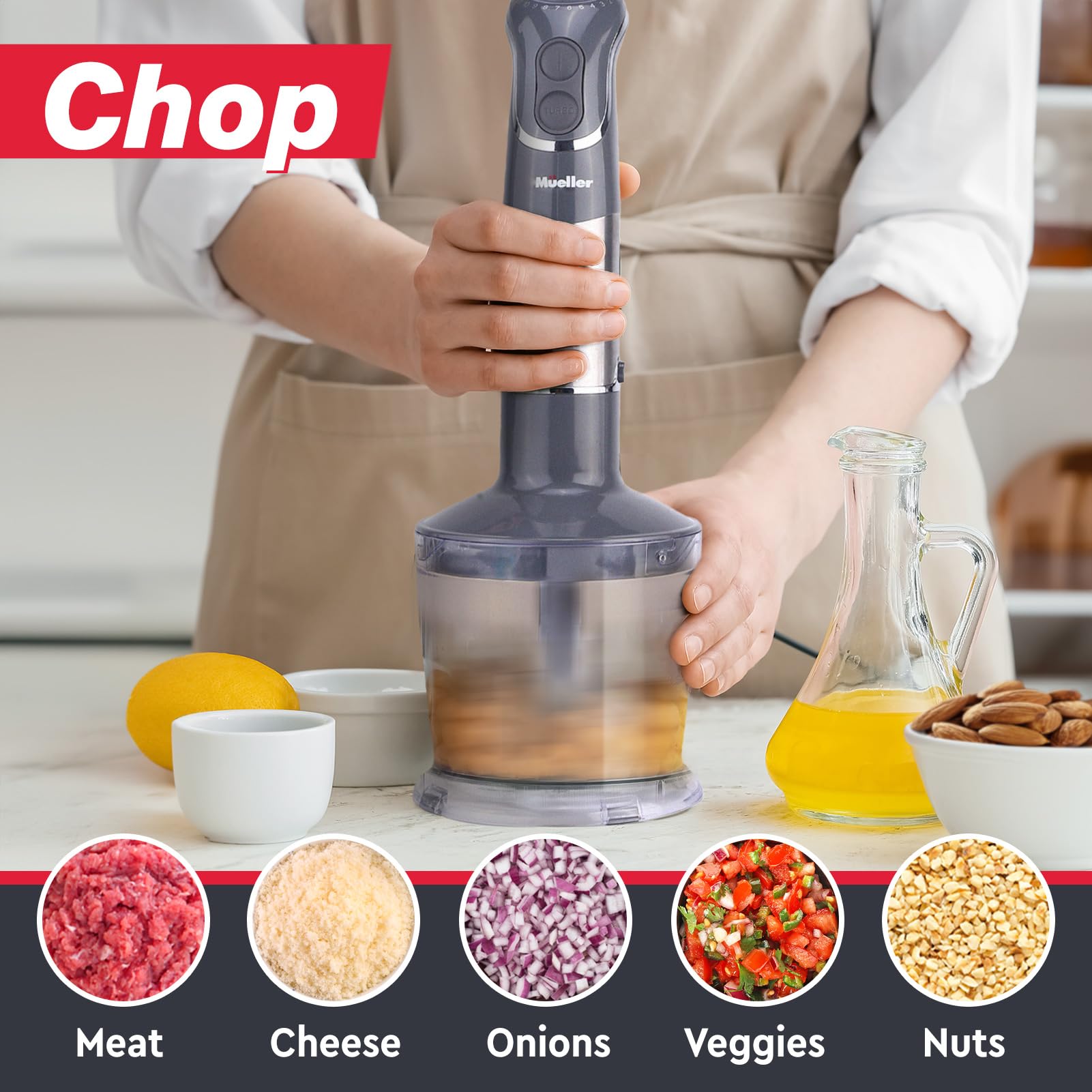 Mueller Multistick 5-in-1 Immersion Blender Handheld, 12 Speed Hand Mixer - Turbo Boost, Heaviest Duty Copper Motor, Titanium Blades Hand Blender, Milk Frother Wand, Whisk, Beaker, Chopper, Grey