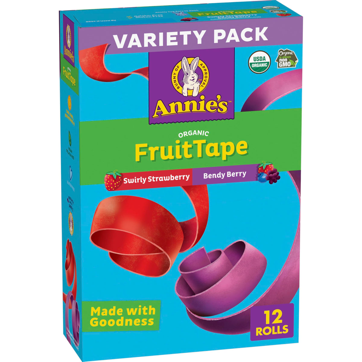 Annie's Bio Fruchtstreifen, Swirly Strawberry und Bendy Berry, Glutenfrei, Probierpackung, 12 Rollen, 255 g