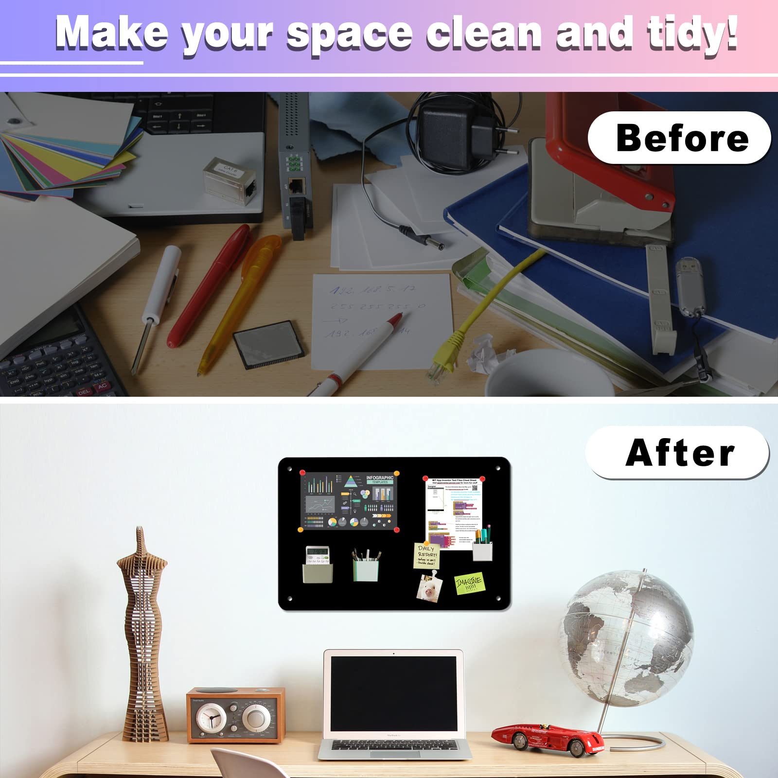 2Pack Black Magnetic Board,17.5" x 11.4" Magnet Bulletin Board to Display Magnetic Notes, Poetry, Photos, Suitable for Wall, Refrigerator, Cabinet etc, Come with 8 Pcs Dual Lock Tape and Screws