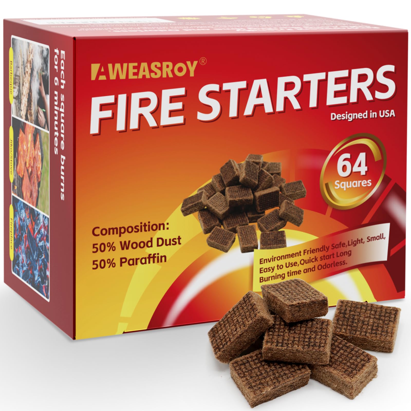 Kaminanzünder 64 Stück - Kaminanzünder für Kamine, Schornsteine, Grills, Lagerfeuer, Holzöfen - Wasserabweisend und sicher geruchlos - Camping Zubehör