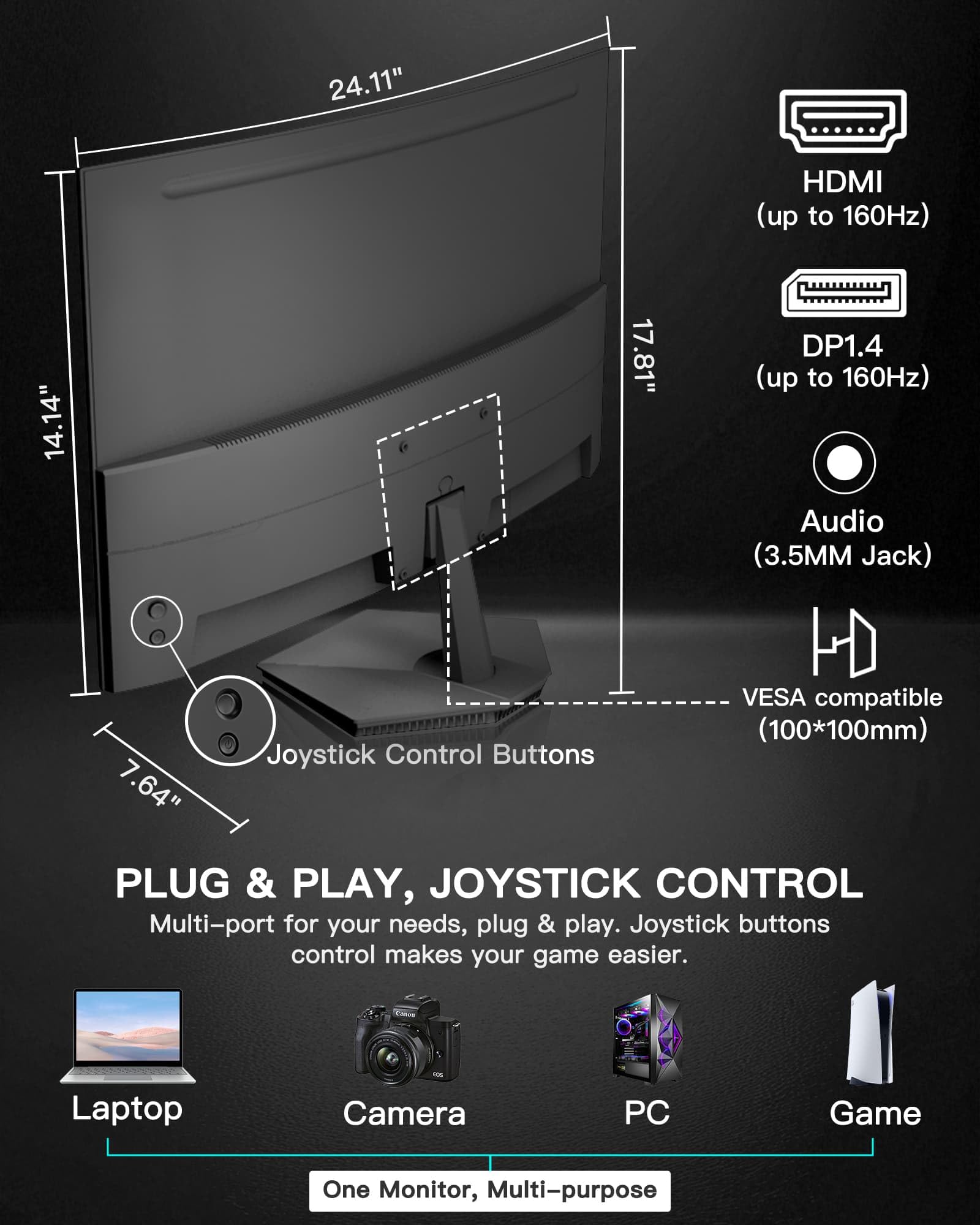 SANSUI 27 Inch Curved 160Hz Gaming Monitor, 1500R Curved Computer Gaming Monitor FHD 1080P, 4000:1, 110% sRGB, FPS/RTS, 1Ms MPRT|FreeSync|HDR|Low Blue Light|HDMI DP| VESA Support, HDMI Cable Incl.