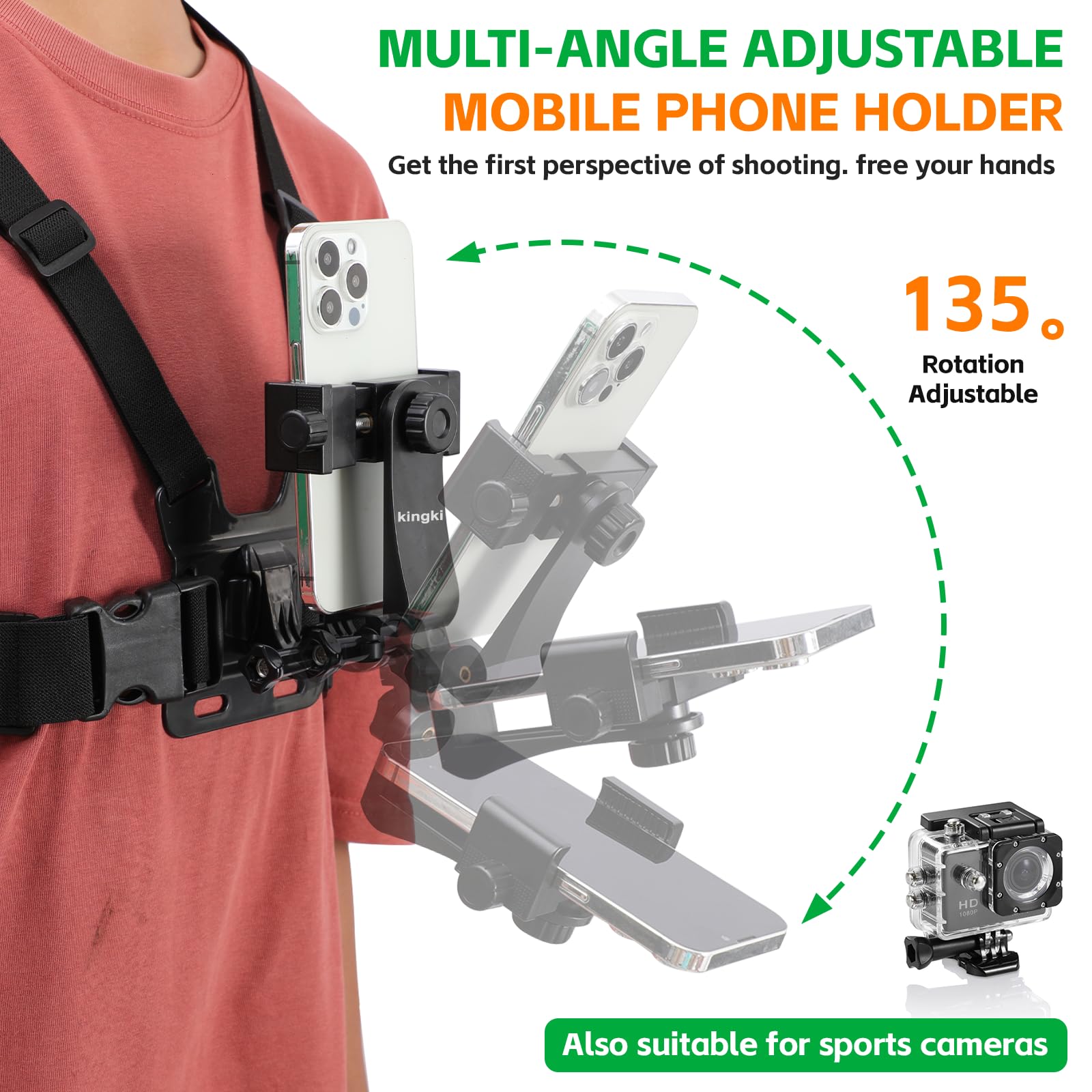 KINGKI Mobile Phone Chest Mount Harness Strap Holder Cell Phone Clip Action Camera POV for Samsung iPhone Plus etc