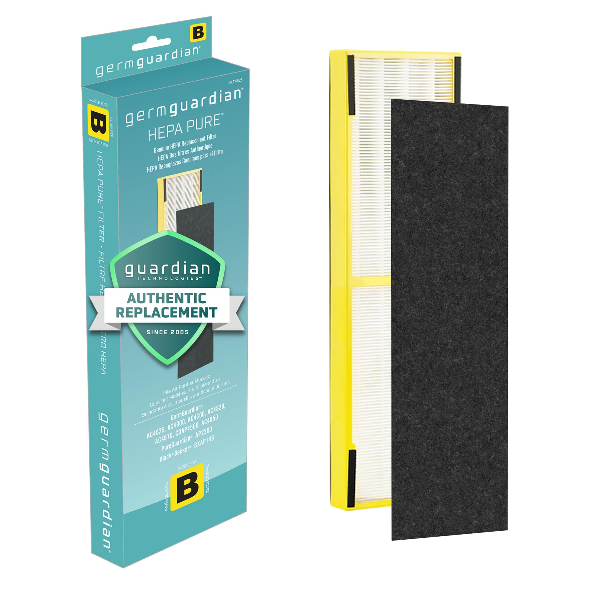 GermGuardian Filter B HEPA Pure Original Luftreinigerfilter, entfernt 99,97 % der Schadstoffe, Waldbrandrauch, Gerüche, für AC4825, AC4300, AC4850, AC4880, AC4900, CDAP4500, AP2200, Schwarz/Gelb, FLT4825