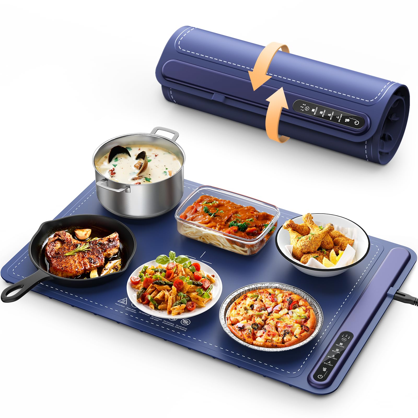 Speisewärmematte - Schnell heizendes elektrisches Silikon-Wärmetablett mit 4 Temperaturstufen, erhöhte Füße schützen den Tisch, aufrollbare Buffet-Warmhalteplatten-Heizunterlage, tragbarer Speisenwärmer für Partys zu Hause und auf Reisen