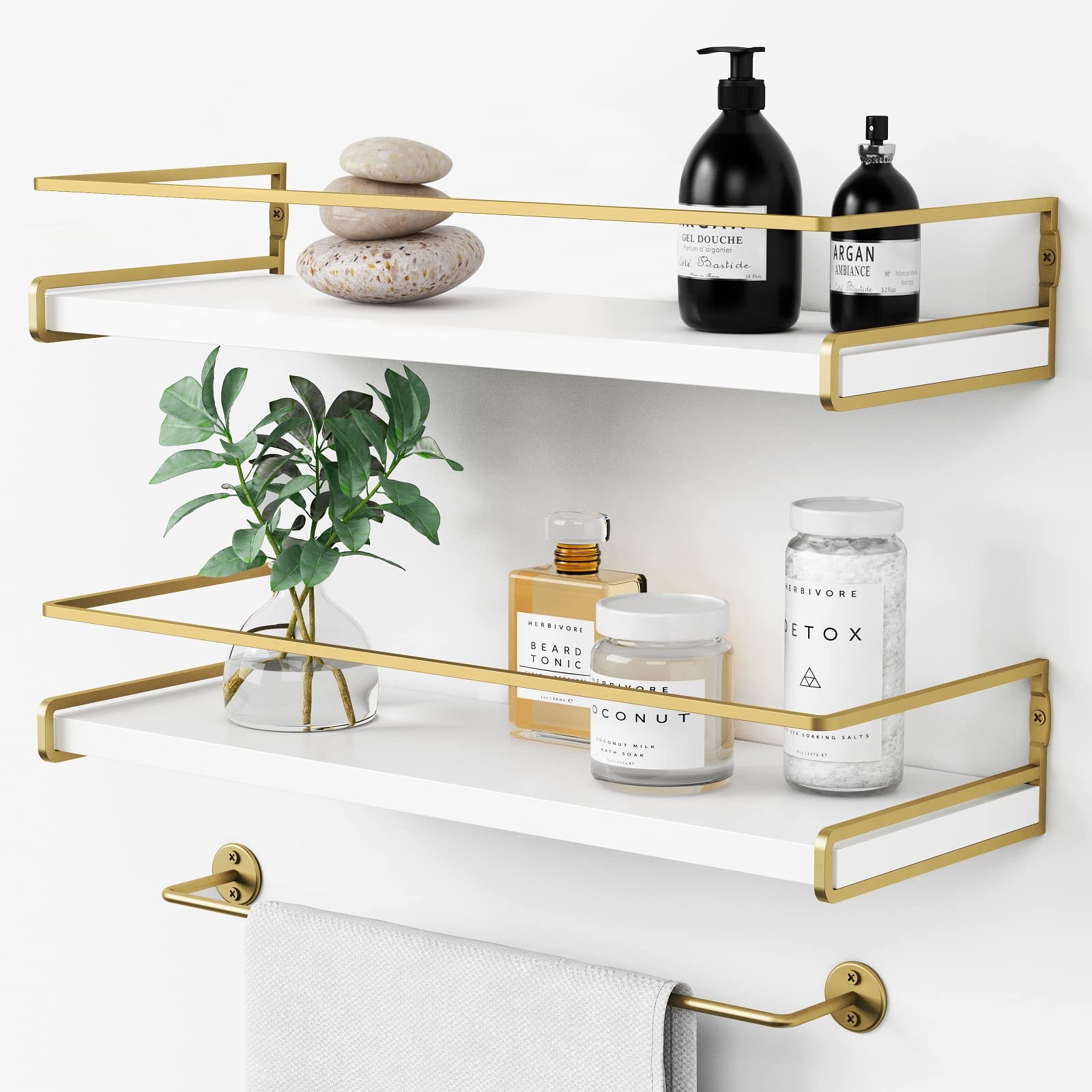 Forbena schwebende Badezimmerregale zur Wandmontage, ästhetische weiße und goldene Regale für Badaccessoires, moderner Bad-Organizer mit Handtuchhalter für Wanddekoration, Aufbewahrung in kleinen Räumen, 2er-Set