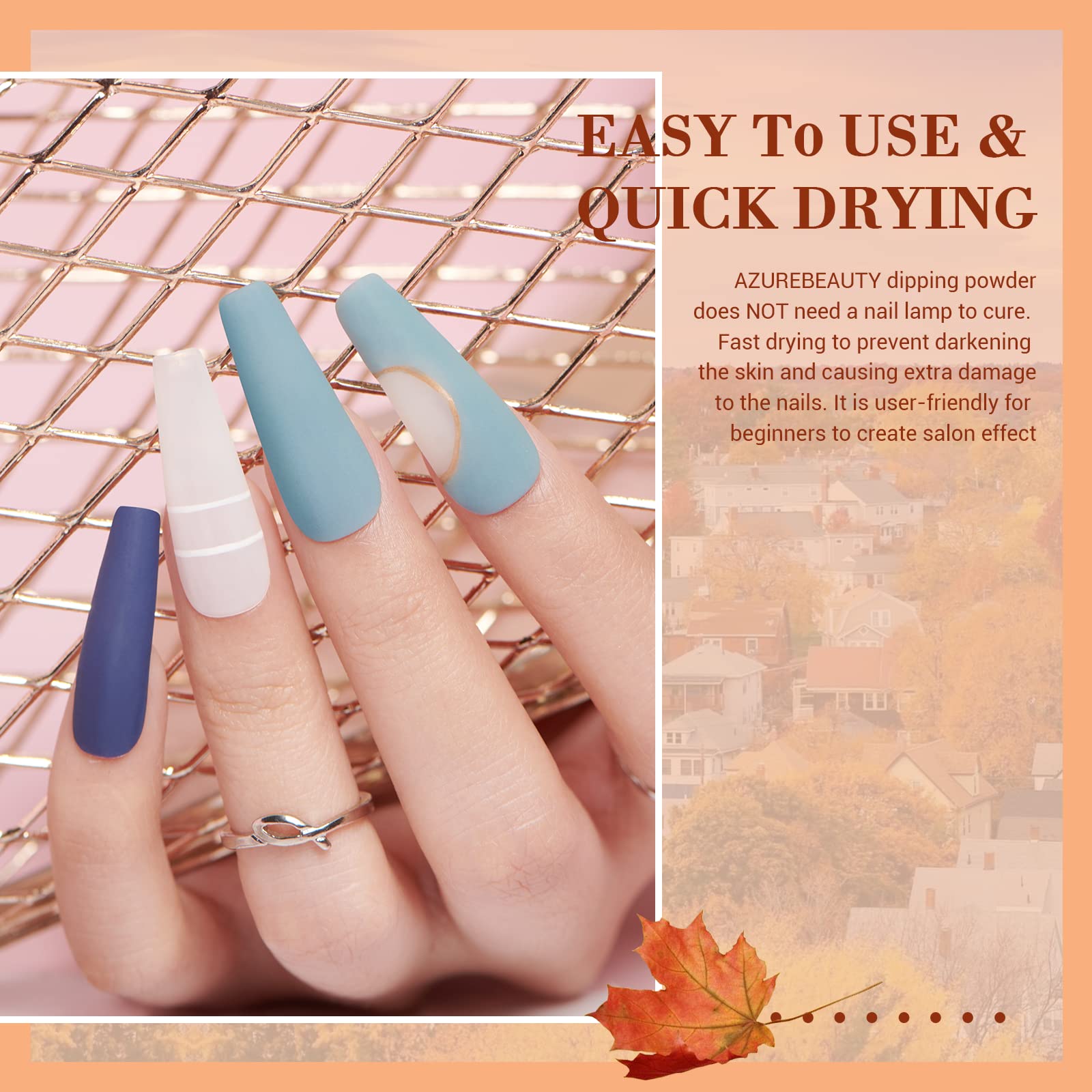 AZUREBEAUTY 42Pcs Dip Powder Nail Kit Starter, 32 Colors Fall Set Green Nude Brown Blue Dipping Powder Set with Top/Base Coat & Recycling Tray for French Art Manicure Salon