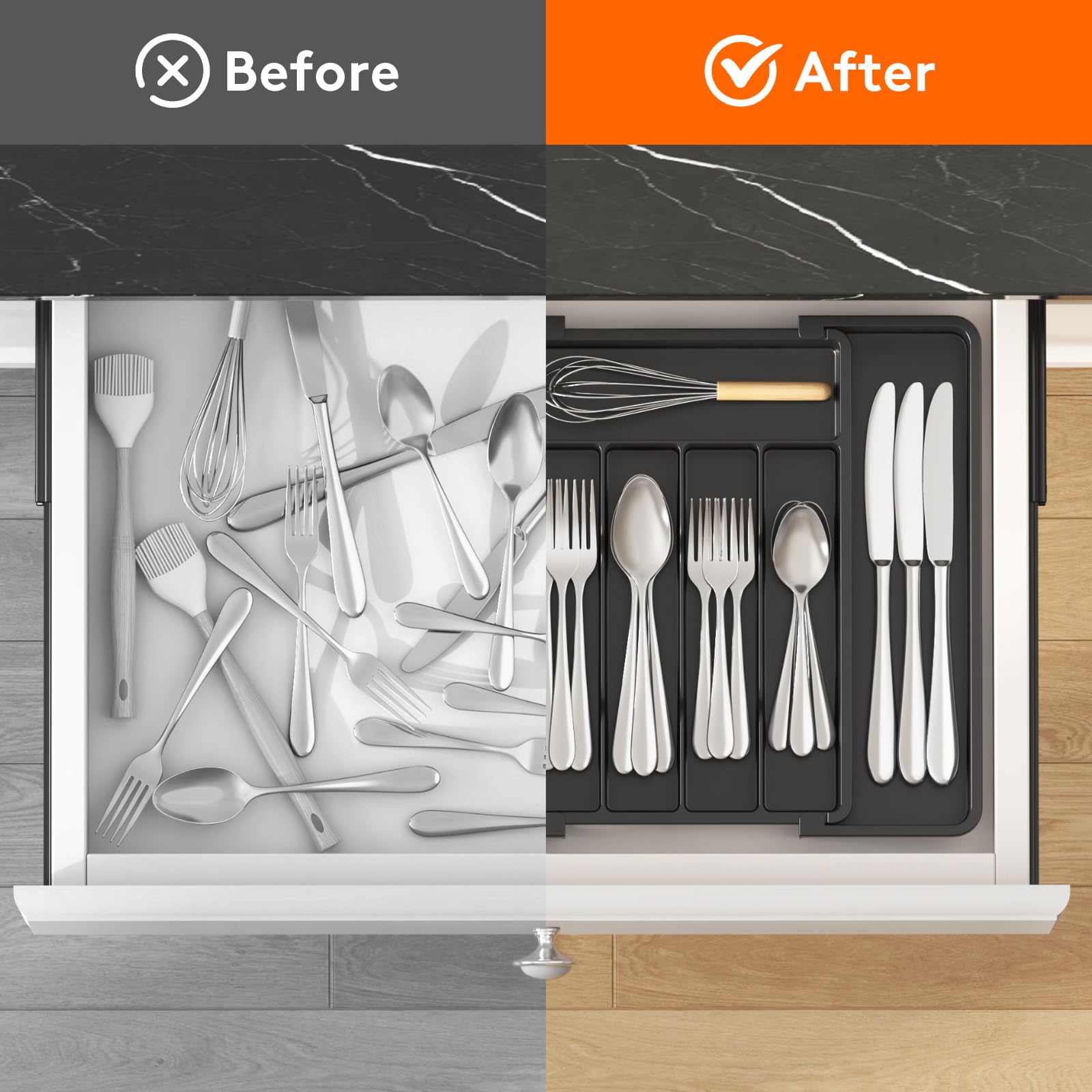 Lifewit Medium Silverware Drawer Organizer, Expandable Utensil Tray for Kitchen, BPA Free Flatware and Cutlery Holder, Adjustable Plastic Storage for Spoons Forks Knives, Black