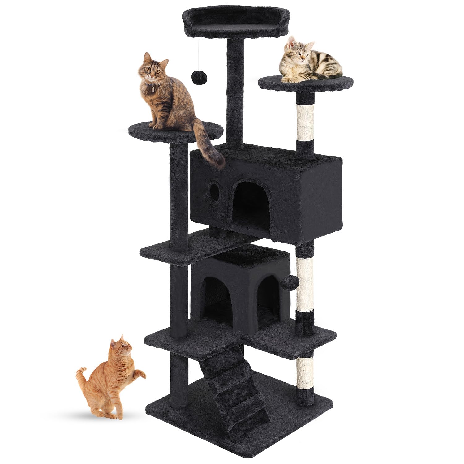 FDW Katzenbaum 137 cm hoch, Katzenkratzbaum mit mehreren Ebenen, langlebig und gemütlich, Katzen-Sprungplattform, platzsparend, Katzenhaus für Innenkatzen, Dunkelgrau