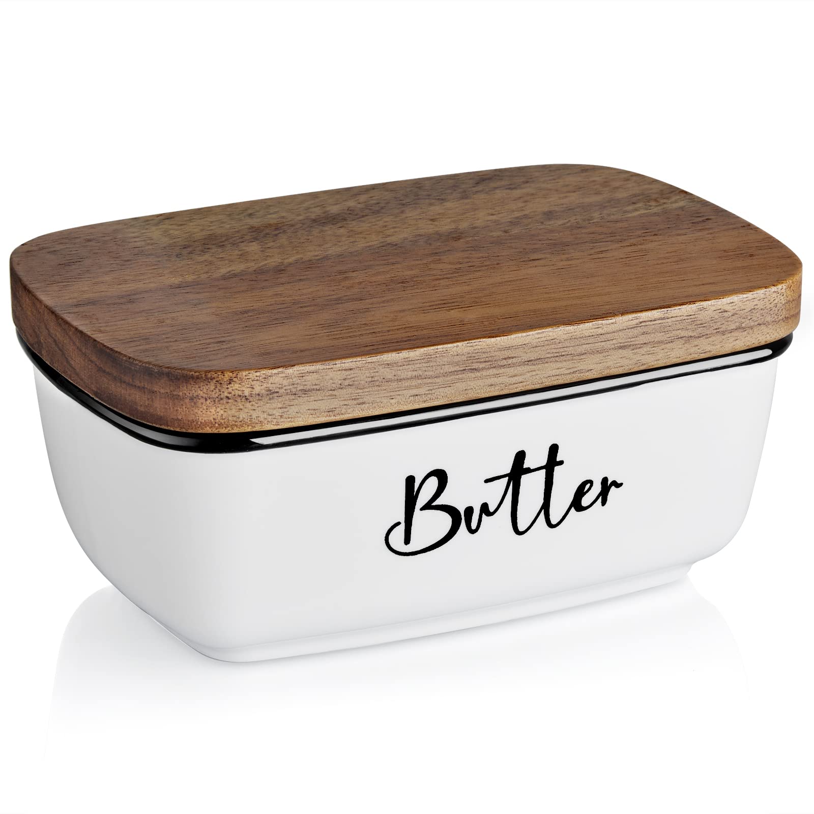 Butter Dish with Lid, ALELION Large Ceramic Butter Dish for Countertop, Butter Keeper with Thick Acacia Wood Lid, Kitchen Decor and Accessories for Kitchen Gifts, White