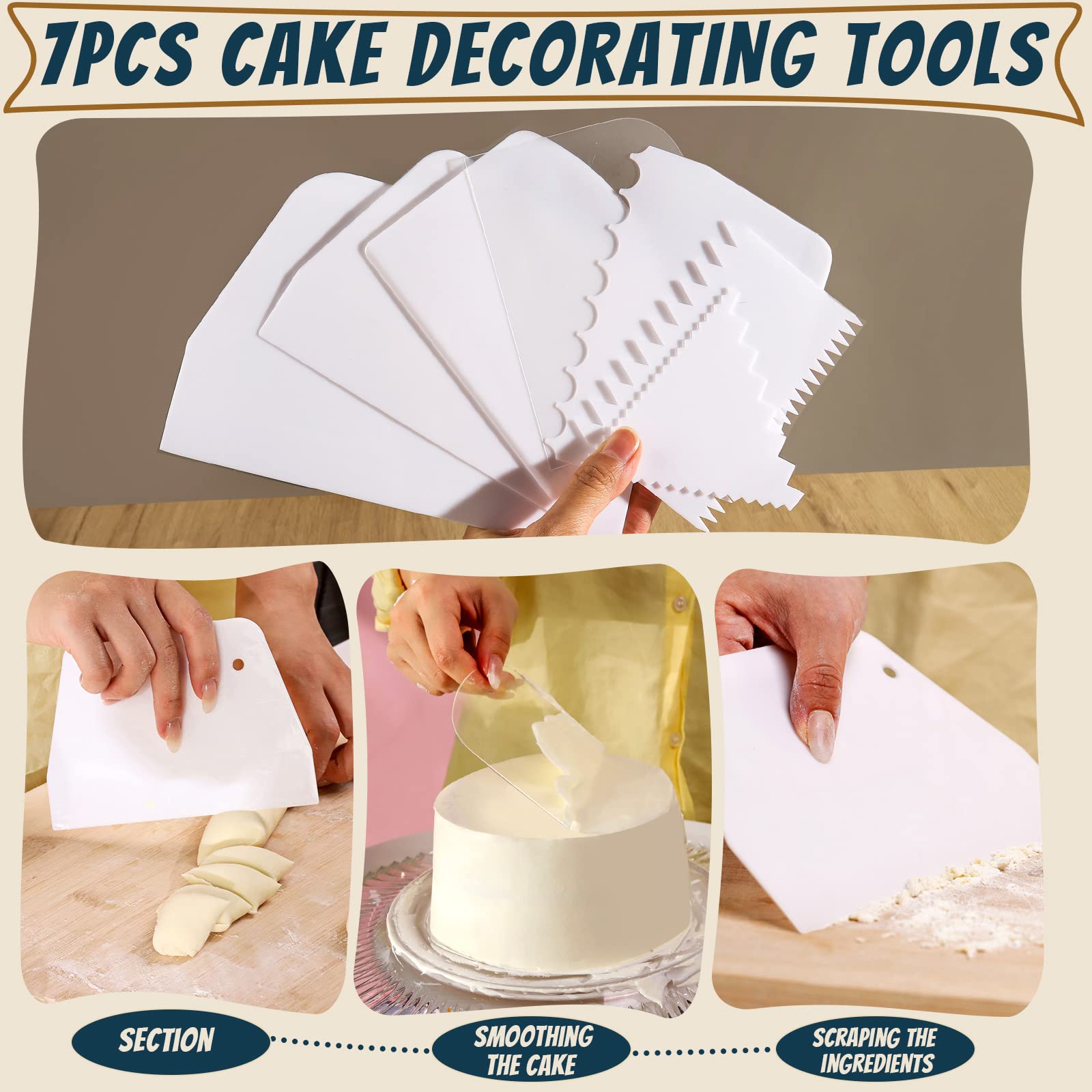 Teenitor Cake Scraper Cake Smoother, 7 Pcs Dough Scraper Bowl Scraper Cake Cutter Cake Spatula Bench Scraper Kitchen Plastic Scraper Tool Cake Decorating Kit